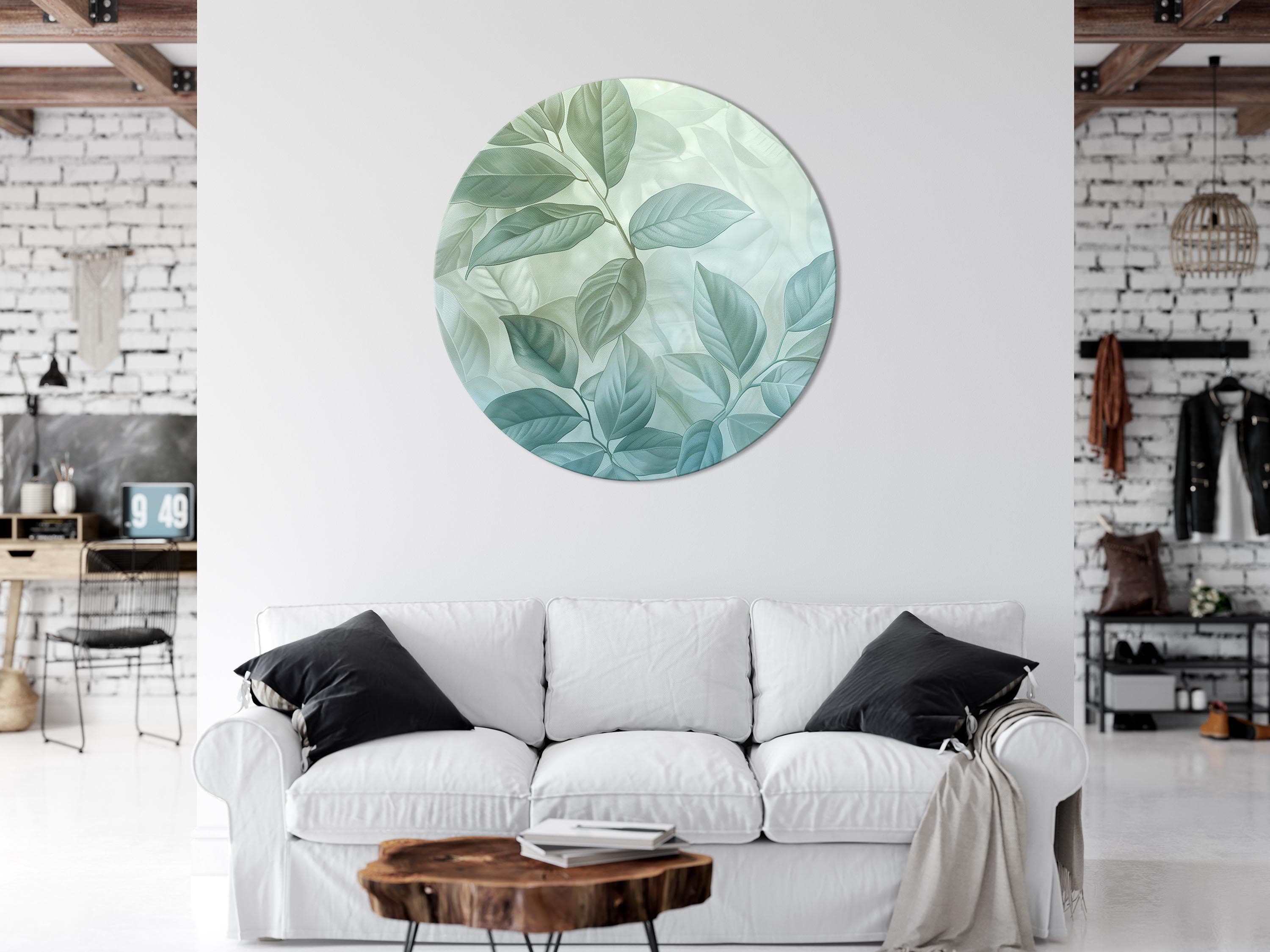 Круглая картина Duże liście w odcieniach zielono-miętowych: motyw botaniczny 40×40 см