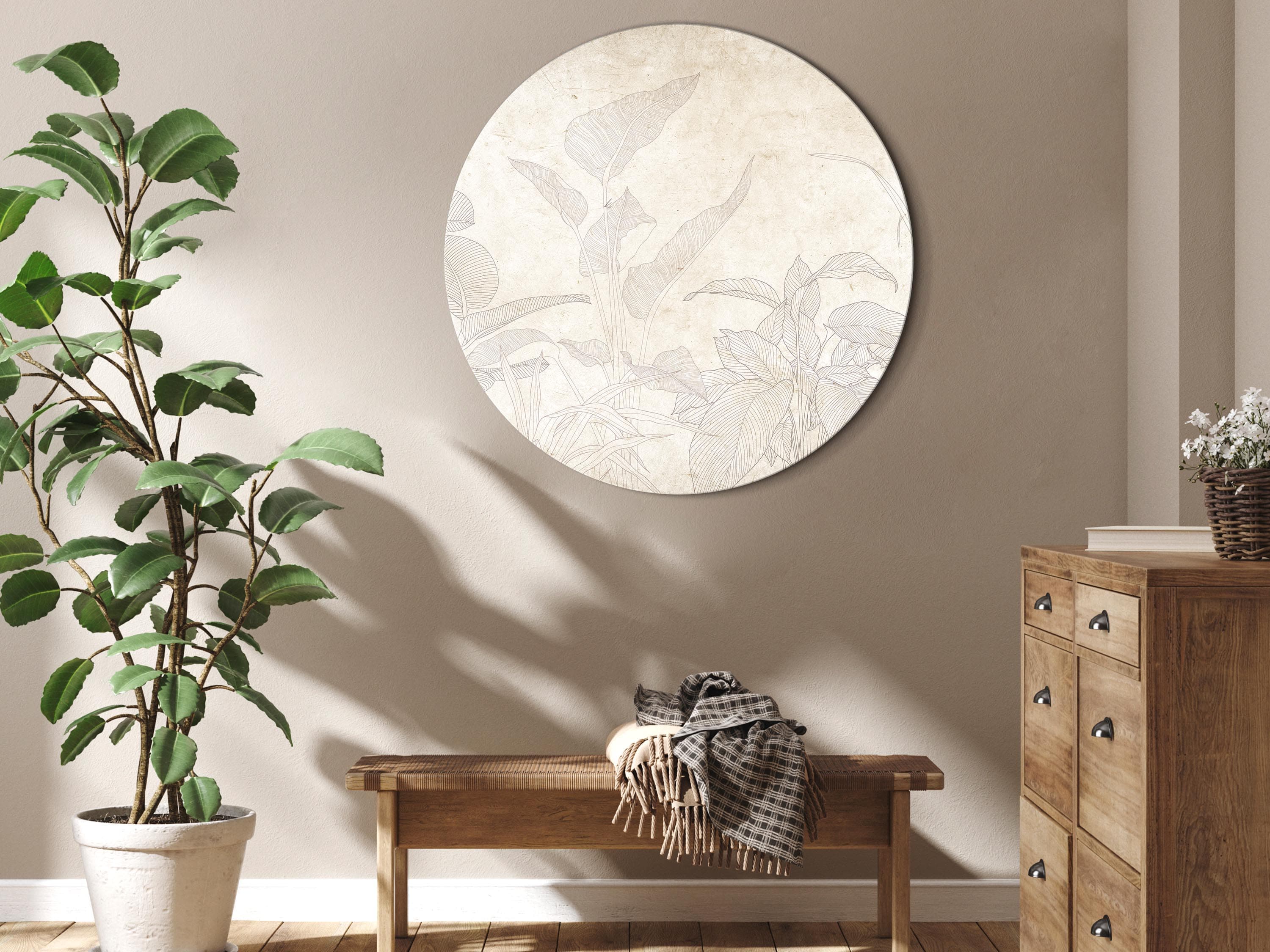 Round canvas print Stonowana egzotyczna roślinność - Delikatne kontury tropikalnych krzewów na beżowo-piaskowym tle 40×40 cm