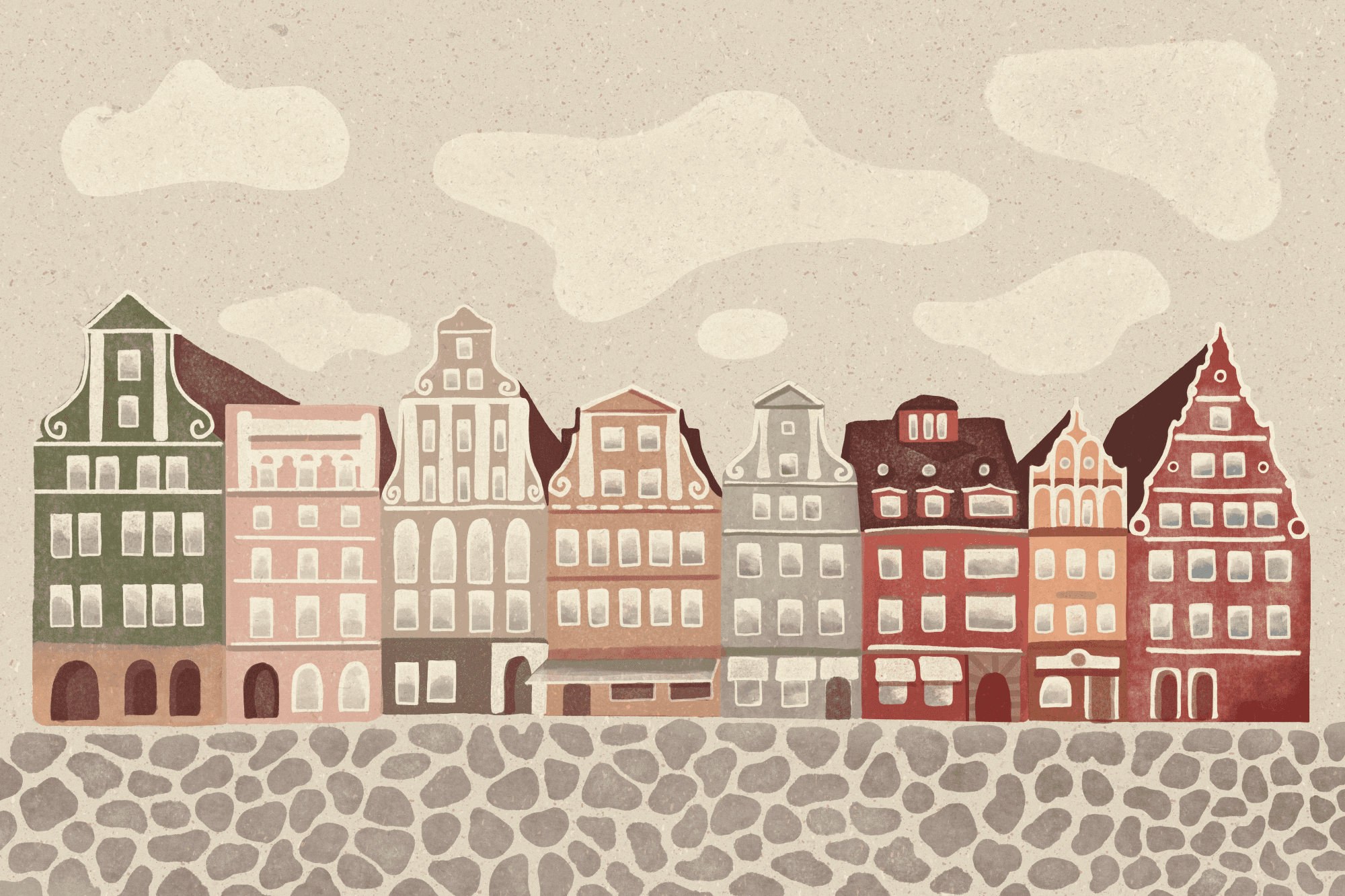Obraz na płótnie Plac Solny - kolorowe ilustrowane kamieniczki na tle nieba z chmurami 60×40 cm, płótno standard