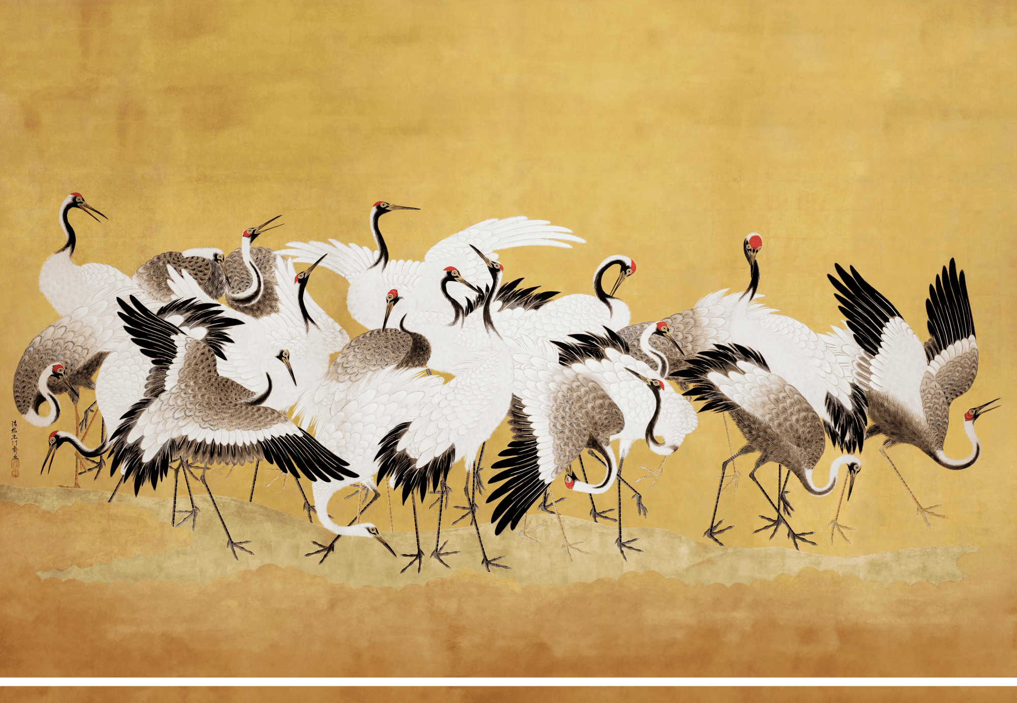 XXL-Leinwandbild Japońskie żurawie - stado ptaków na tle w odcieniu złota na podstawie obrazu Ishida Yūtei 130×87 cm