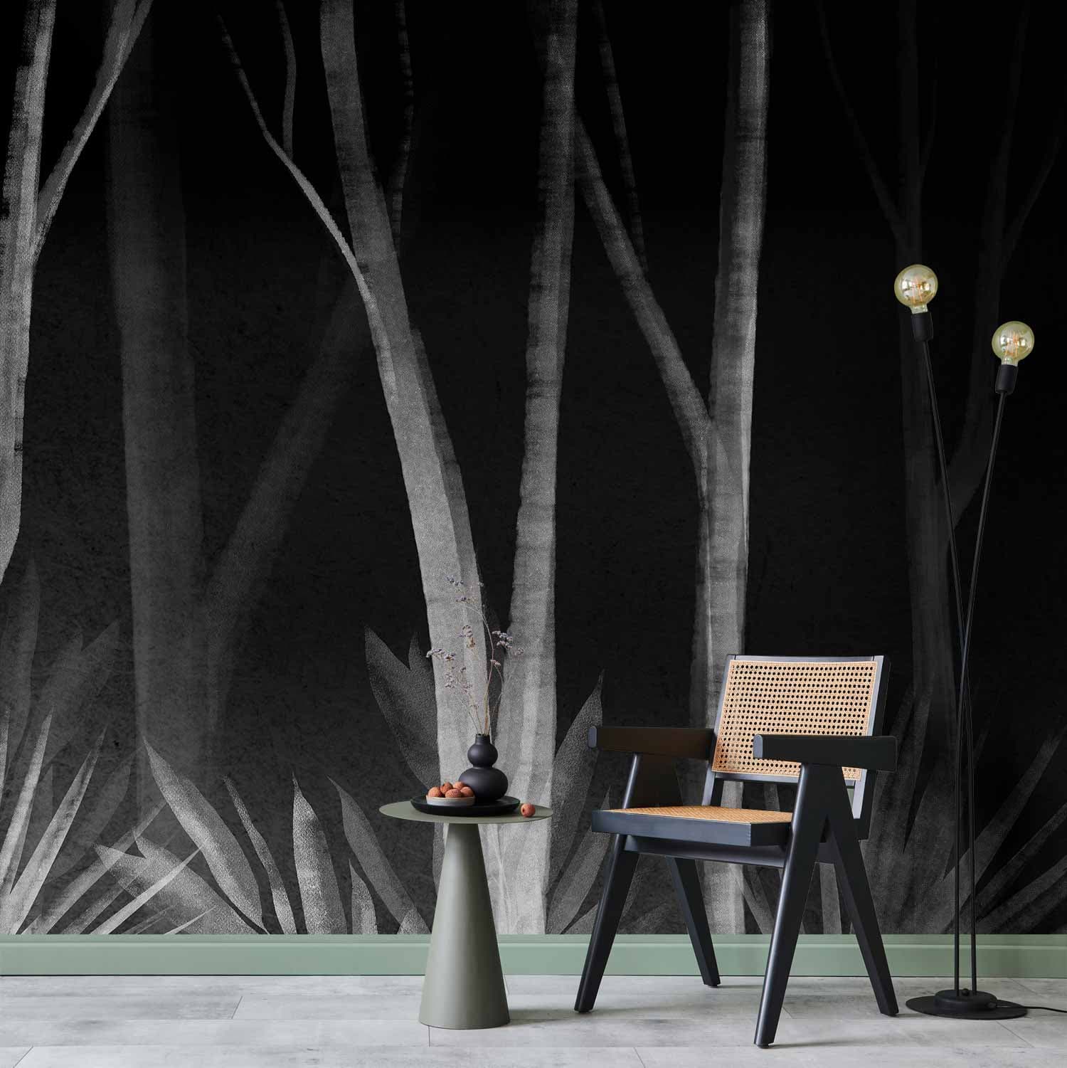 Wall mural Szum lasu nocą - minimalistyczny pejzaż białych drzew na czarnym tle 500×350 cm, premium non-woven