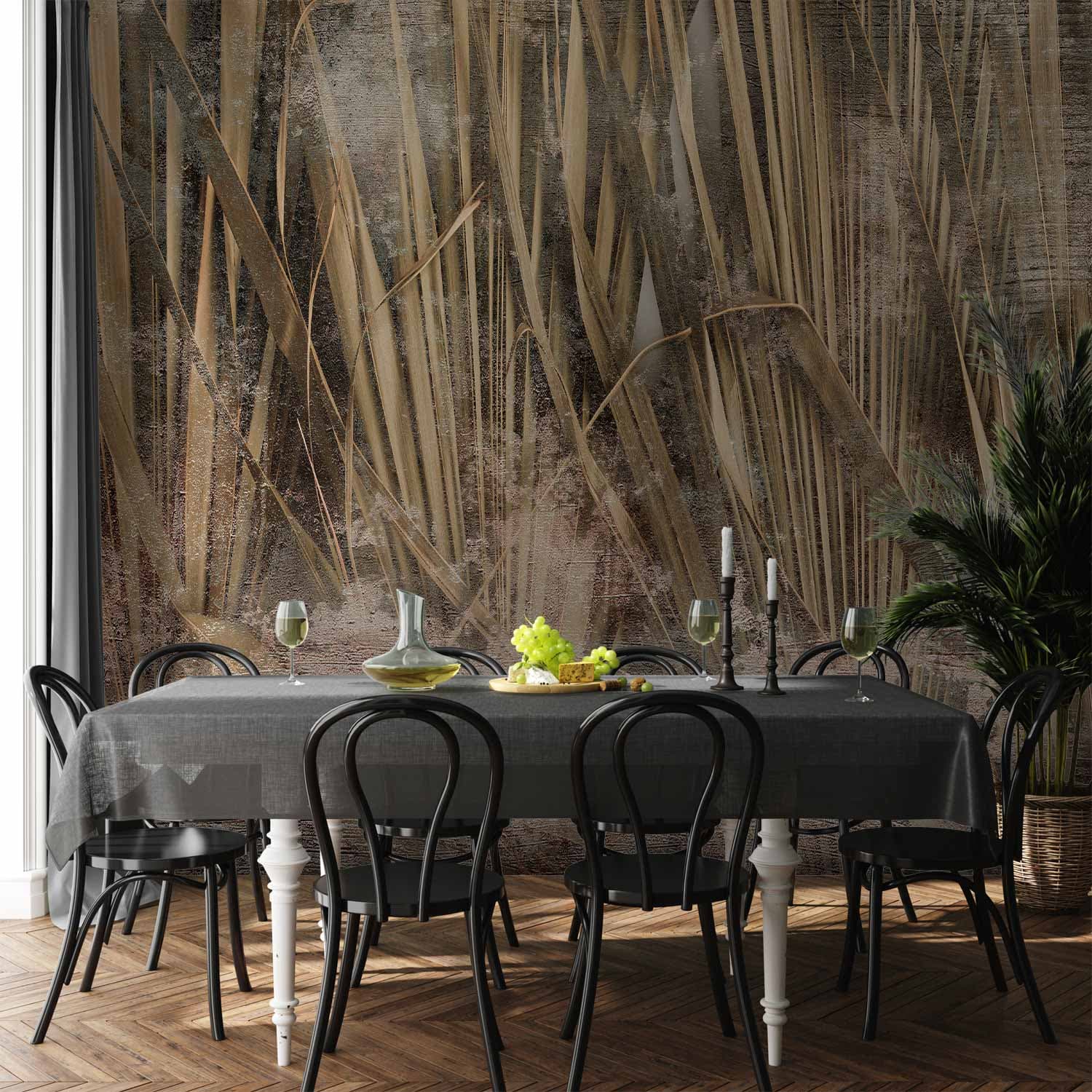 Fototapeta Suche liście - pejzaż wysokich traw w stylu boho z deseniami z farby 100×70 cm, materiał wodoodporny