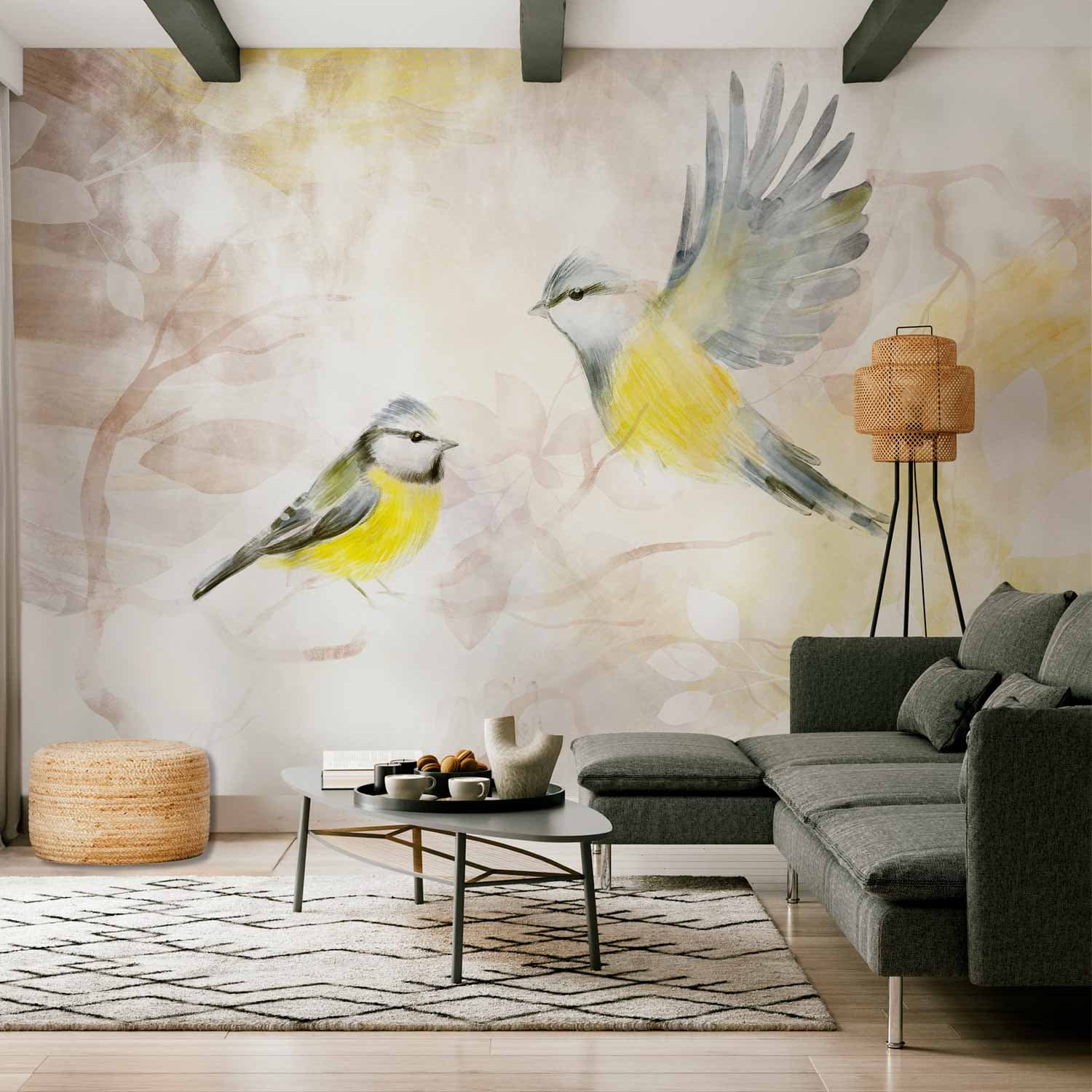 Fototapeta Malowane sikorki - motyw ptaków z deseniami w żółto-beżowych tonach 100×70 cm, flizelina standard