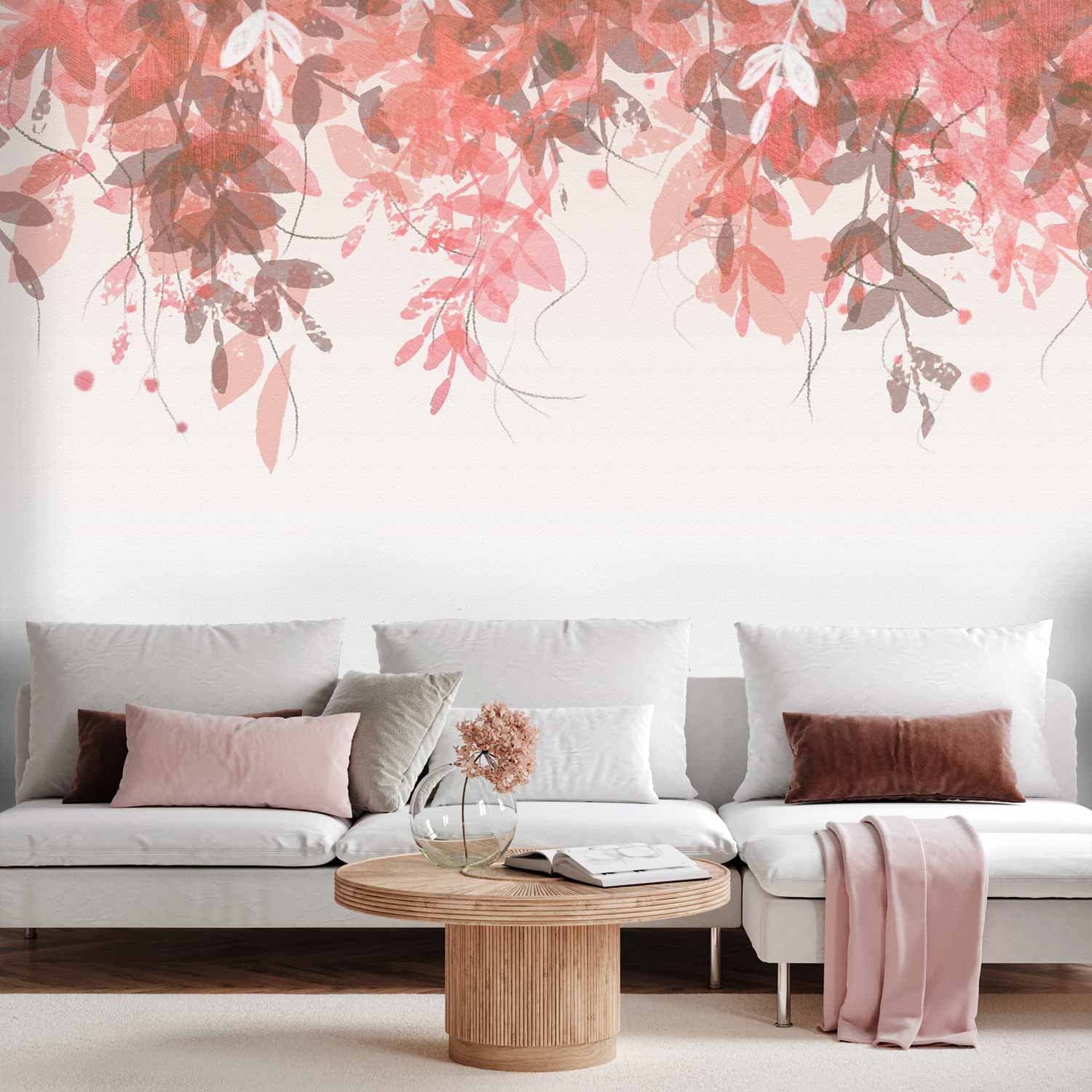 Wall mural Pod roślinnością - wiszące pnącza różowych liści na neutralnym tle 500×350 cm, standard non-woven
