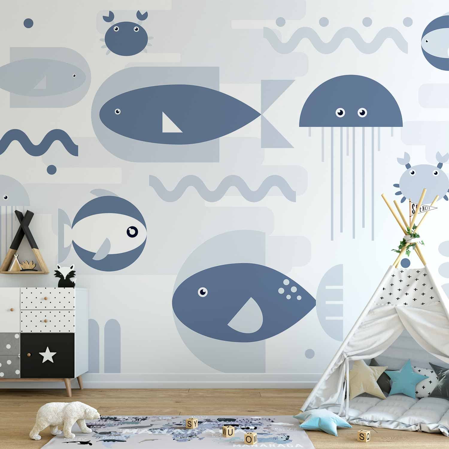 Wall mural Minimalistyczny ocean - geometryczne rybki i kraby w wodzie dla dzieci 350×256 cm, standard non-woven