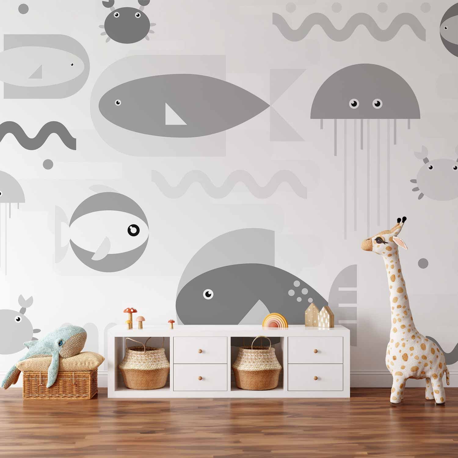 Wall mural Minimalistyczny szary ocean - geometryczne rybki w wodzie dla dzieci 300×210 cm, waterproof material