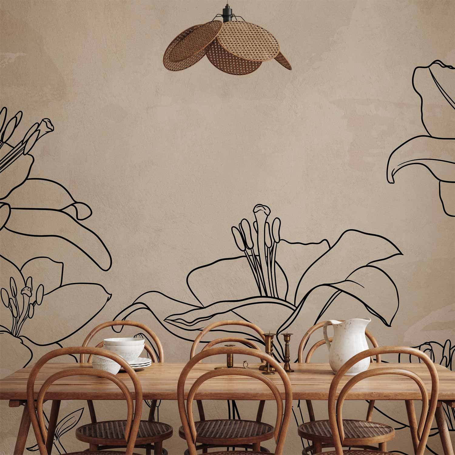Wall mural Szkic natury - minimalistyczny lineart z kwiatami lilii na beżowym tle 300×210 cm, waterproof material