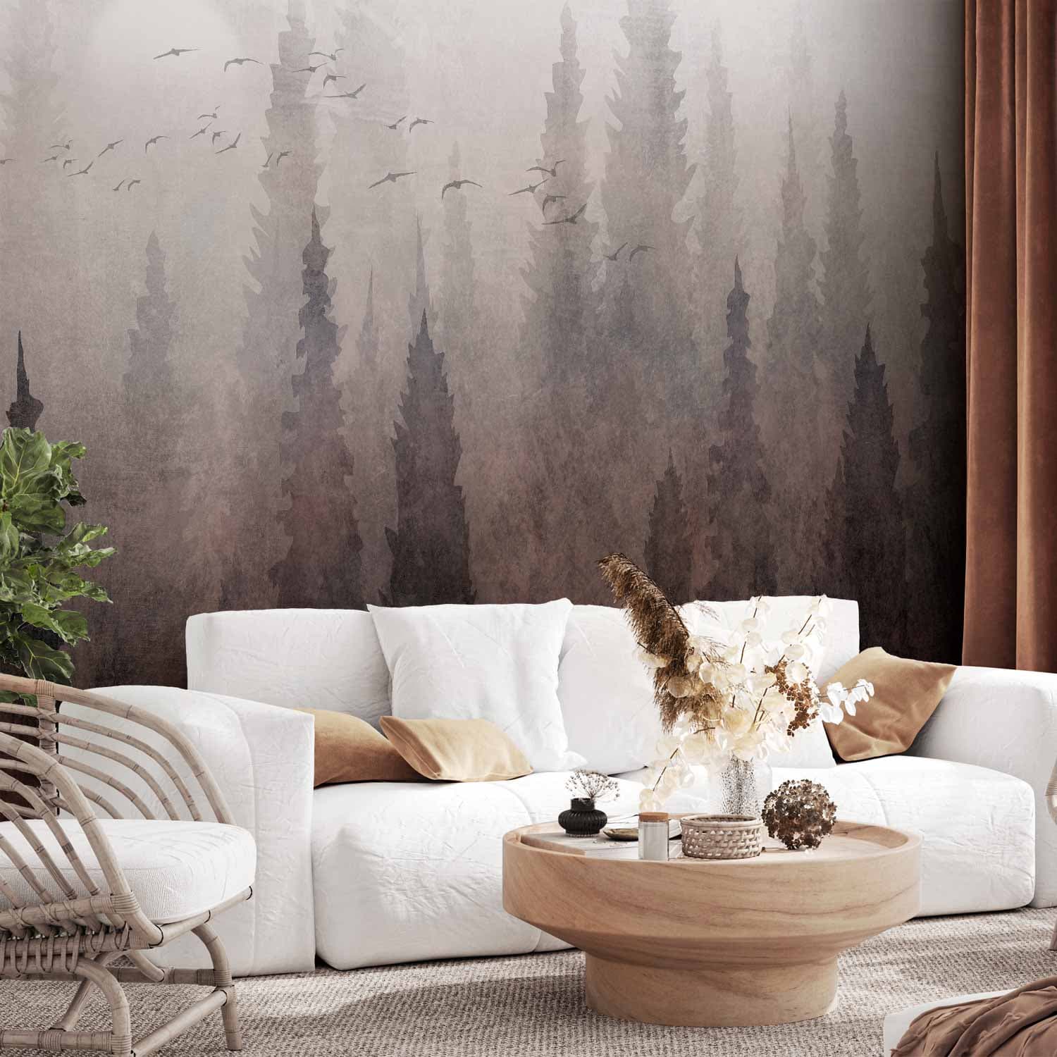 Fototapeta Przelot ptaków nad koroną drzew - krajobraz ciemnego lasu we mgle 400×280 cm, flizelina premium