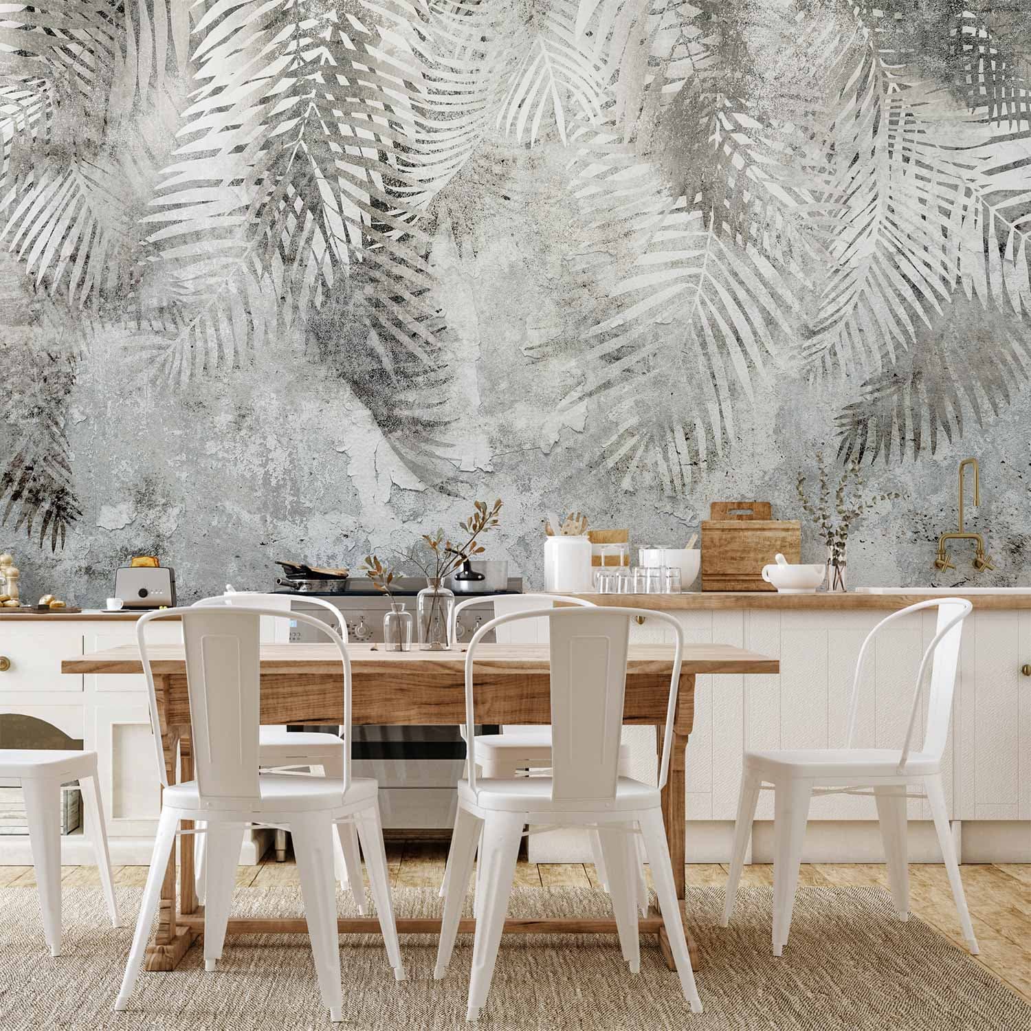 Fototapeta Światło i cień - szaro-biała kompozycja z motywem roślinnym i deseniem 300×210 cm, materiał wodoodporny