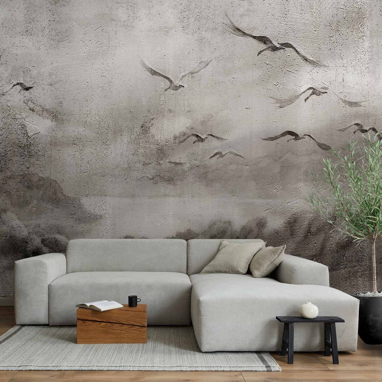 Wall mural Łabędzi lot - abstrakcyjny krajobraz ptaków nad jeziorem z teksturą 392×280 cm, self-adhesive material
