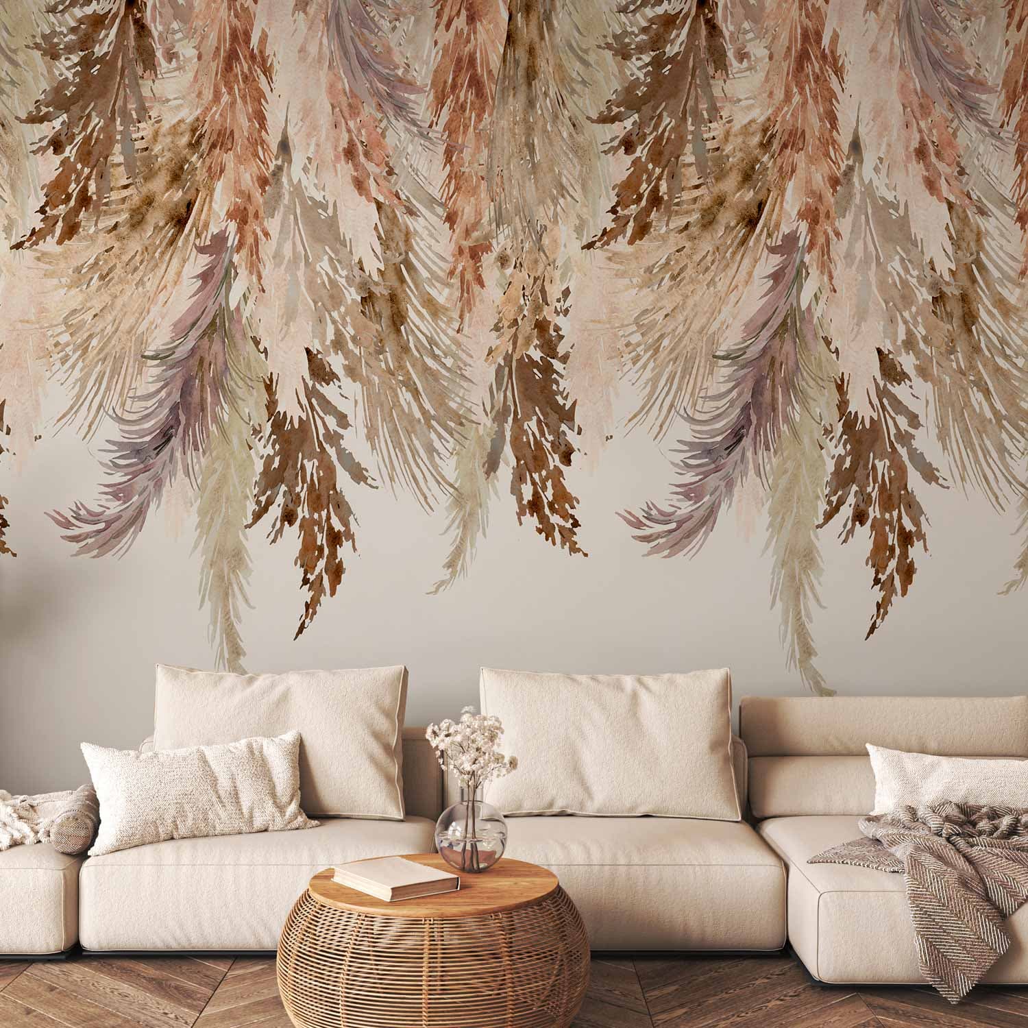 Fototapeta Minimalistyczny pejzaż boho - zwisające liście w beżowych barwach 350×256 cm, flizelina premium