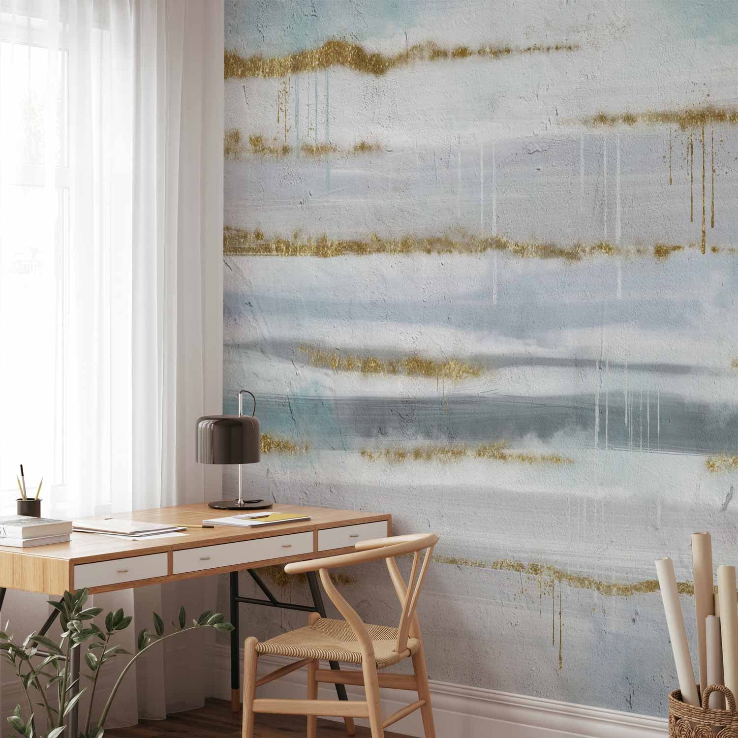 Wall mural Modernistyczne tło - deseń w abstrakcyjne pasy ze złotymi deseniami 450×315 cm, premium non-woven