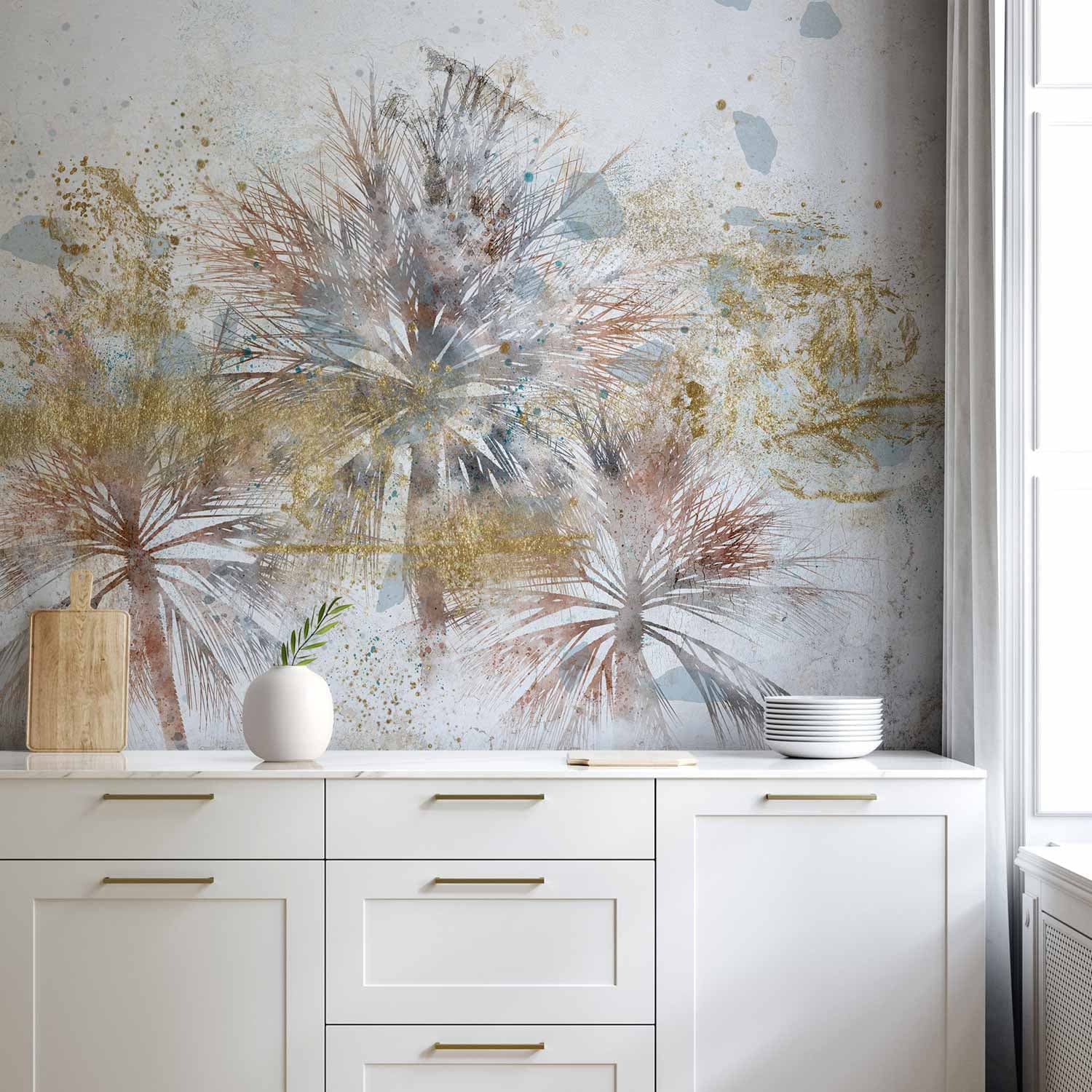 Wall mural Szare palmy - motyw roślinny w abstrakcyjnej kompozycji z deseniami 250×175 cm, waterproof material