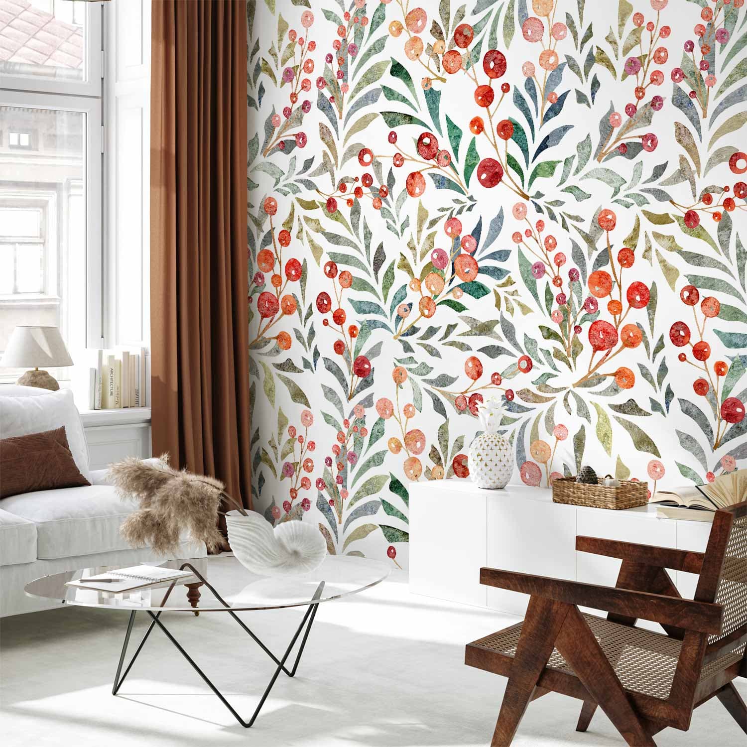 Wall mural Listki czerwonych jagód 300×210 cm, premium non-woven