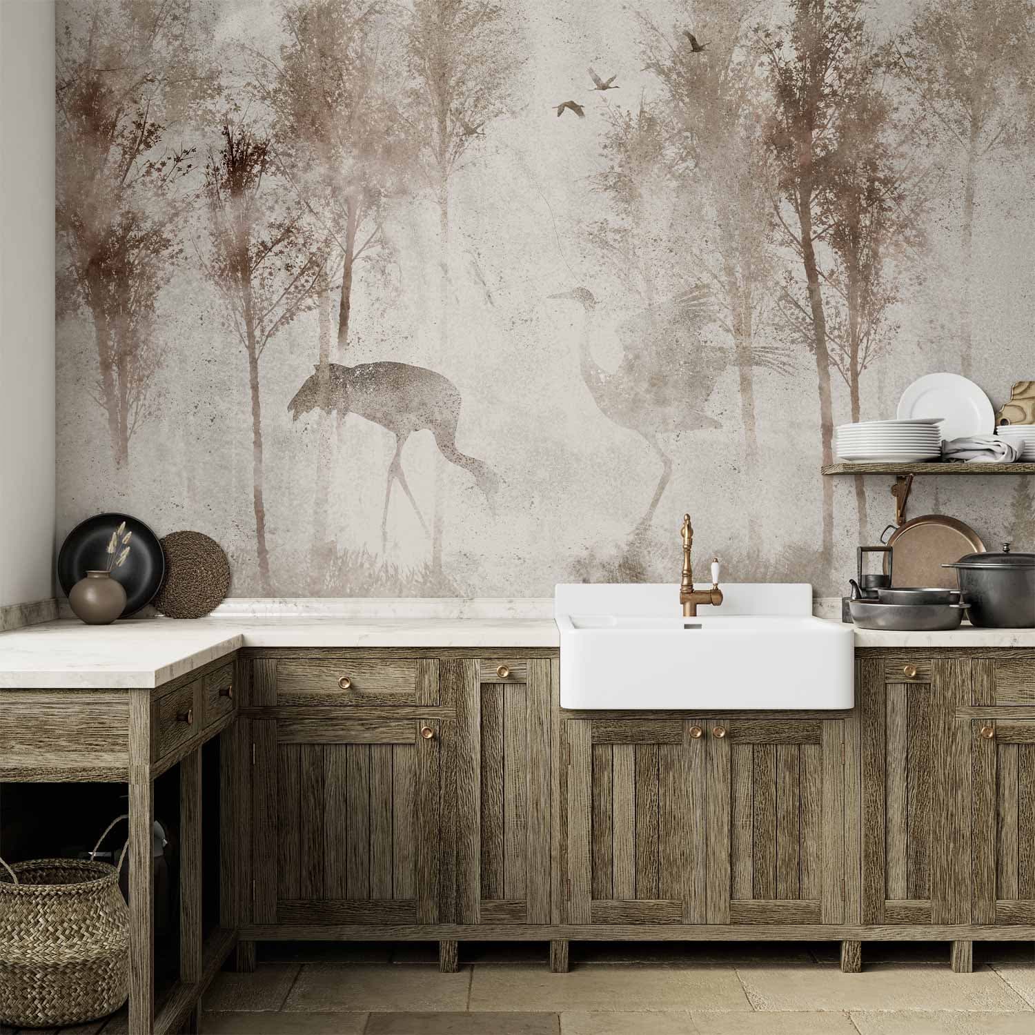 Wall mural Pośród drzew - pejzaż w szarych tonach we mgle na polanie z ptakami 200×140 cm, waterproof material