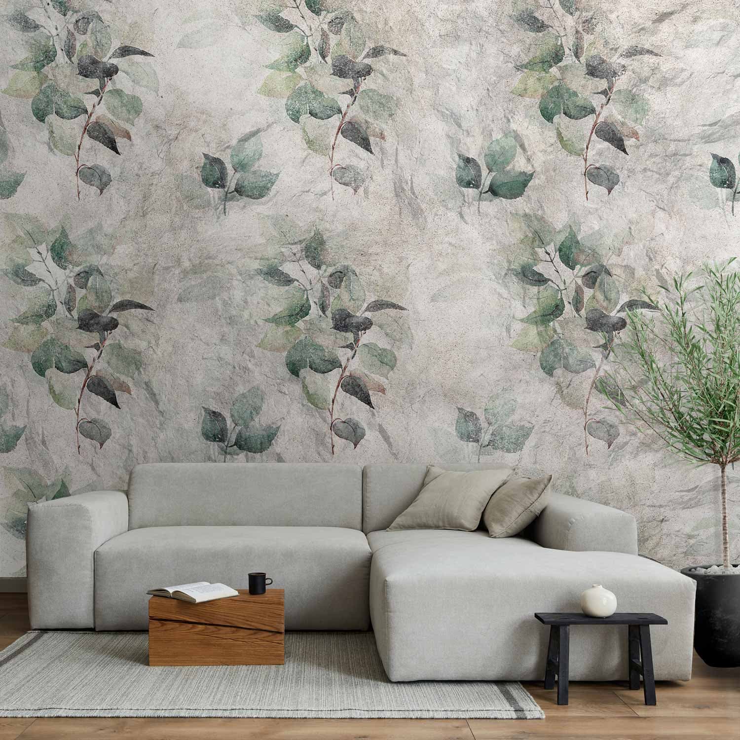 Fototapeta Posąg natury - motyw roślinny z zielonymi liśćmi z szarymi deseniami 250×175 cm, flizelina standard