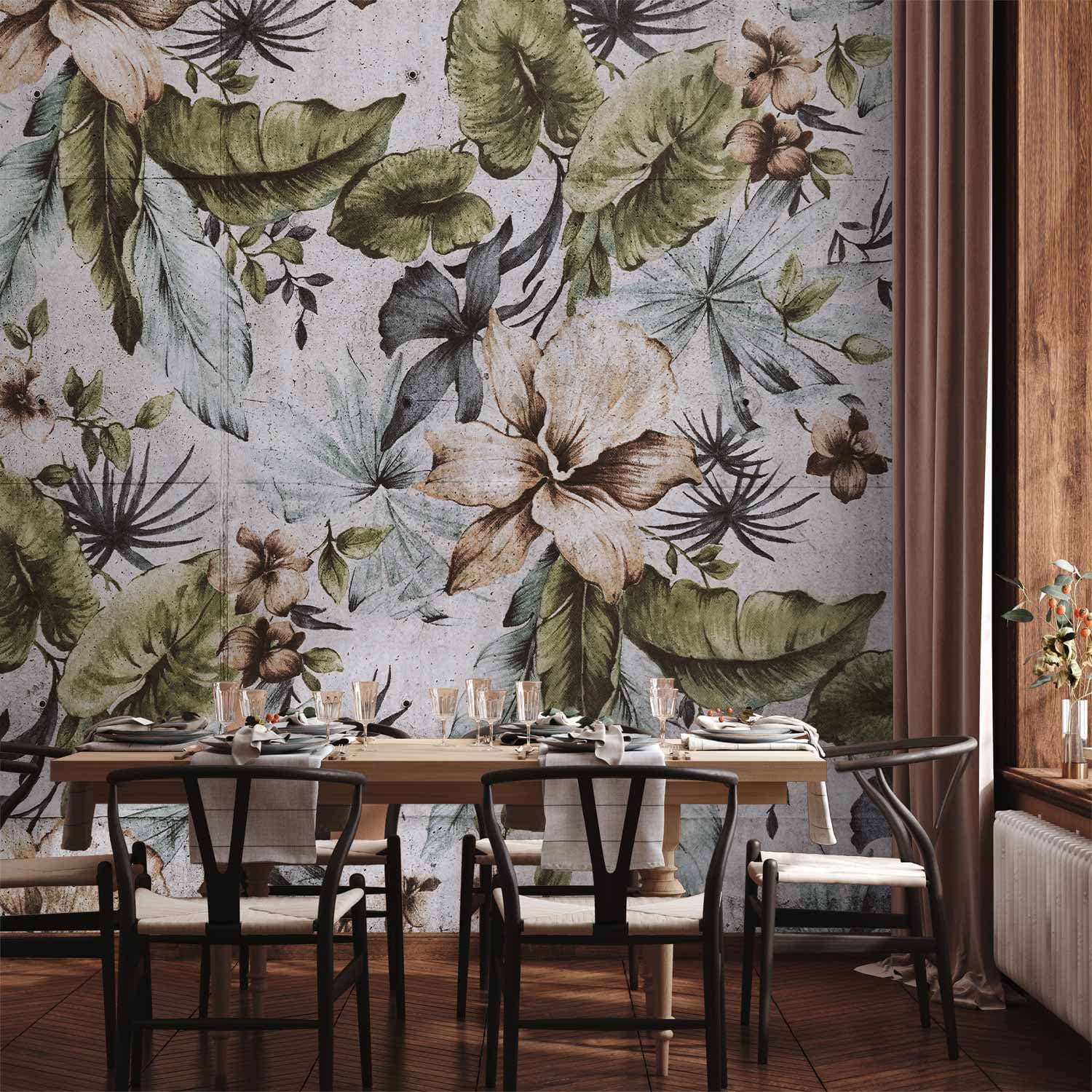 Fototapeta Natura w stylu retro - pejzaż w dżungli z bladymi liśćmi i kwiatami 100×70 cm, materiał wodoodporny