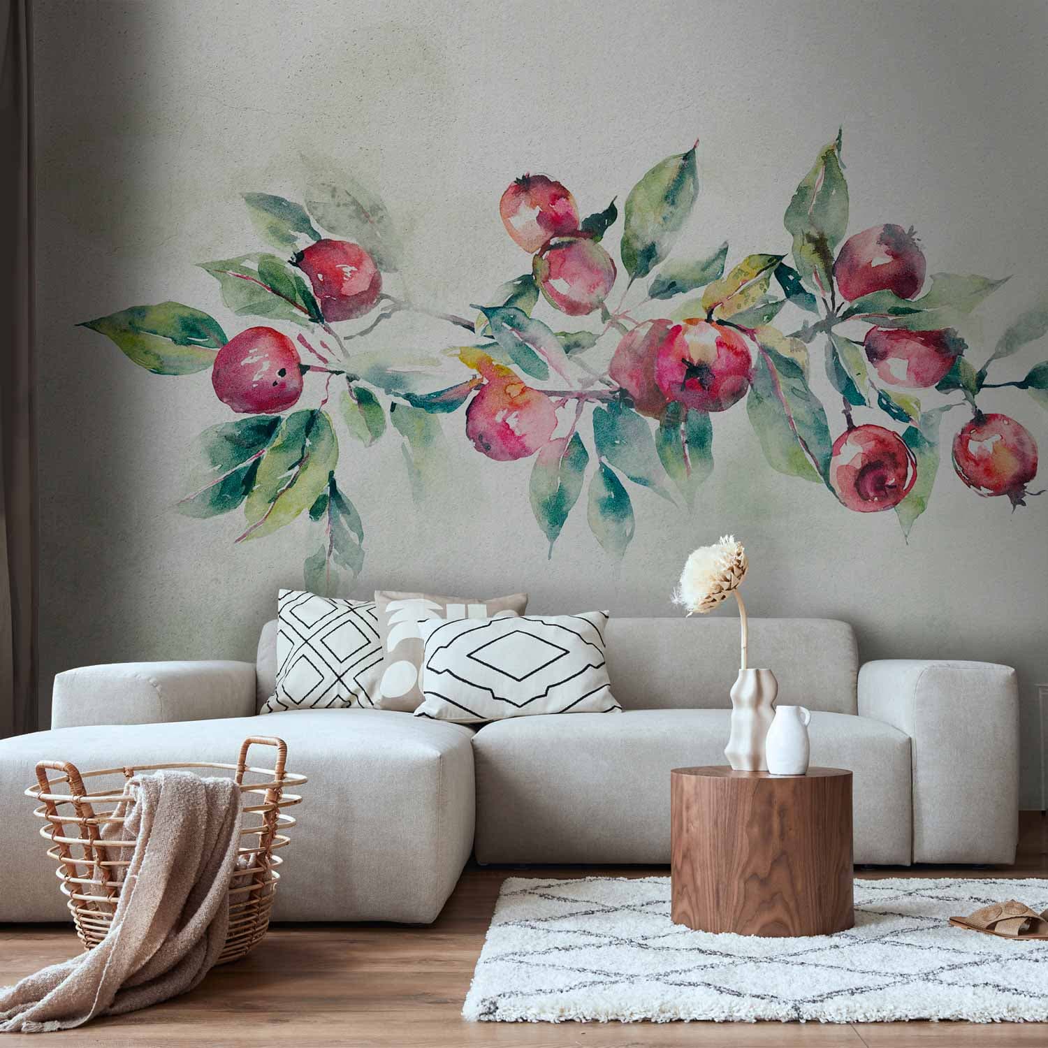 Wall mural Gałąź jabłoni - pejzaż z rośliną i czerwonymi jabłkami na białym tle 200×140 cm, premium non-woven
