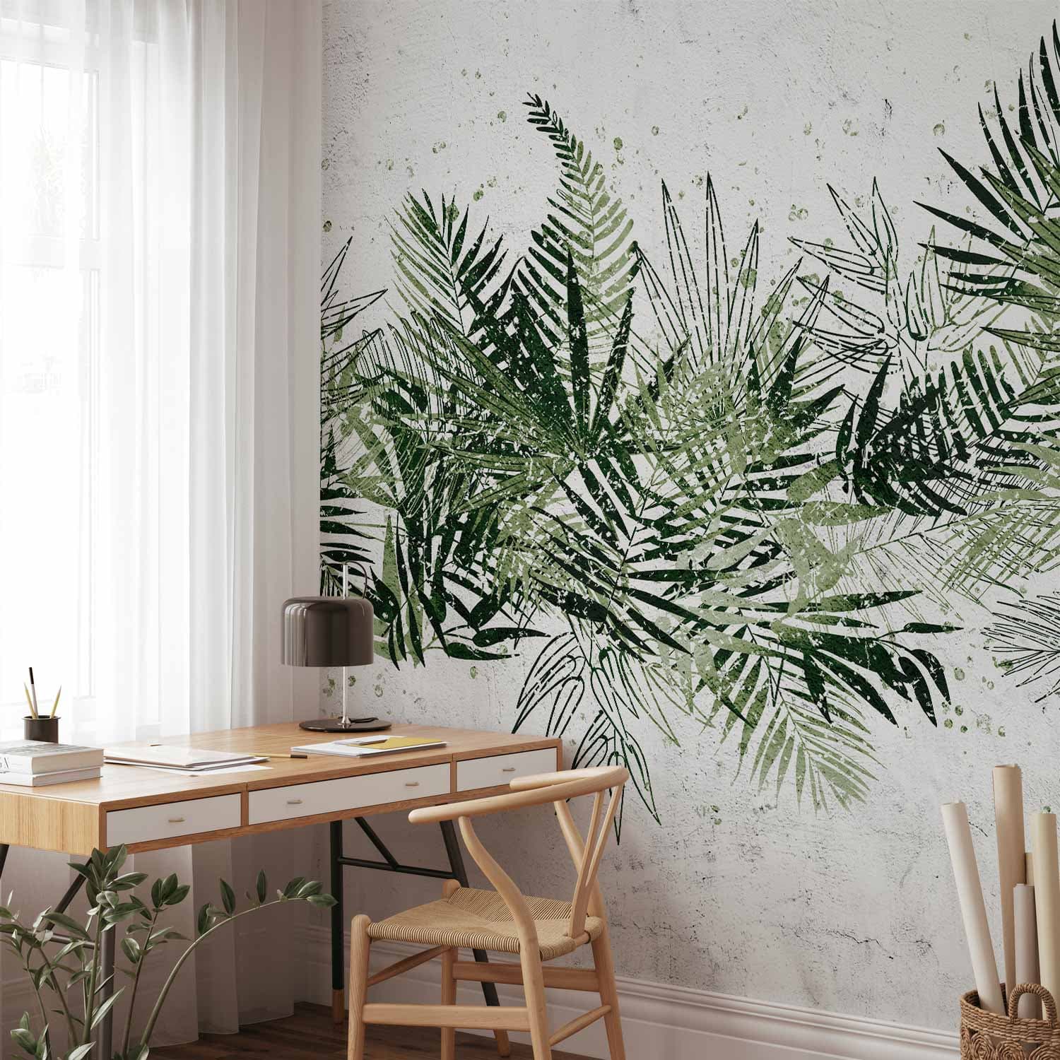 Fototapete Dżungla i zielony pióropusz - duże liście tropikalne na białym tle 490×350 cm, selbstklebendes Material