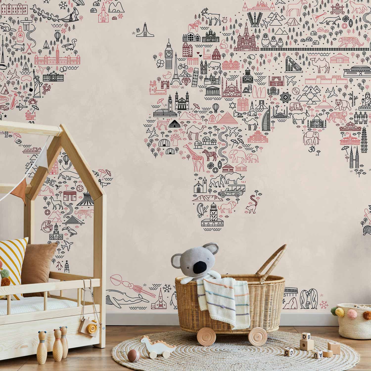 Фотообои Mapa z ikon - rysunkowe przedstawienie świata w pastelowych kolorach 350×256 см, влагостойкий материал
