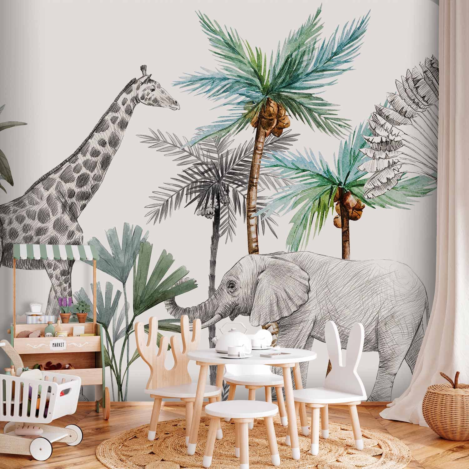 Wall mural Zwierzęta dżungla tapeta do pokoju dziecięcego w rysunkowym stylu 245×175 cm, self-adhesive material