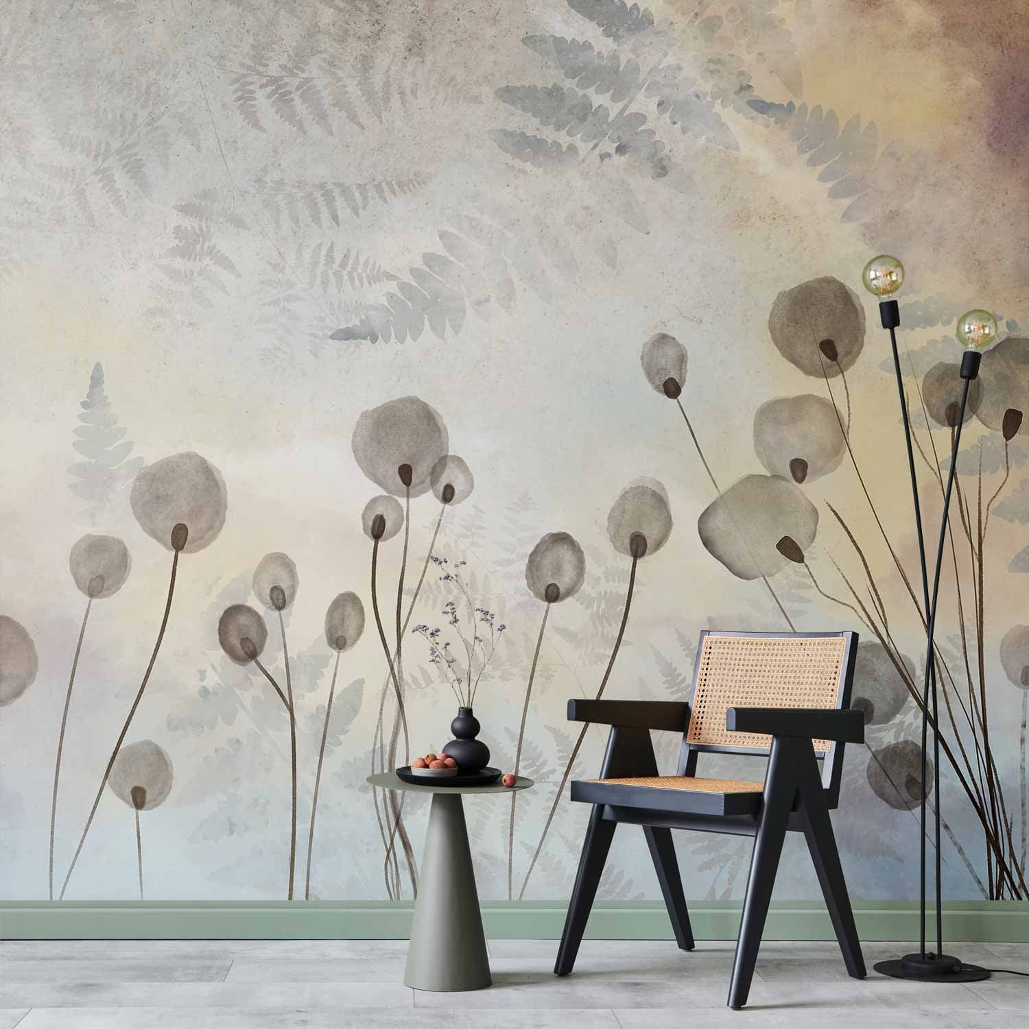 Wall mural Minimalistyczna łąka - roślinny motyw w jasnych odcieniach z odbiciami 200×140 cm, premium non-woven