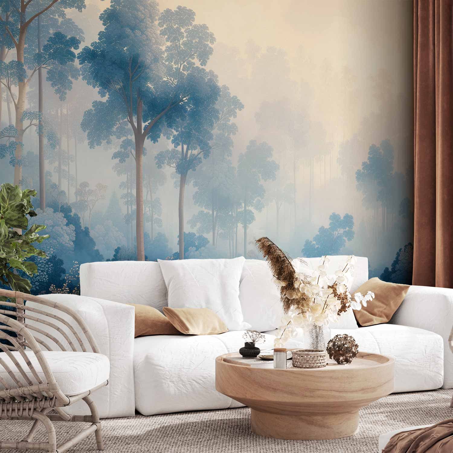 Фотообои Pejzaż z drzewami w ilustracyjnym stylu bajkowy niebieski las 150×105 см, флизелин премиум
