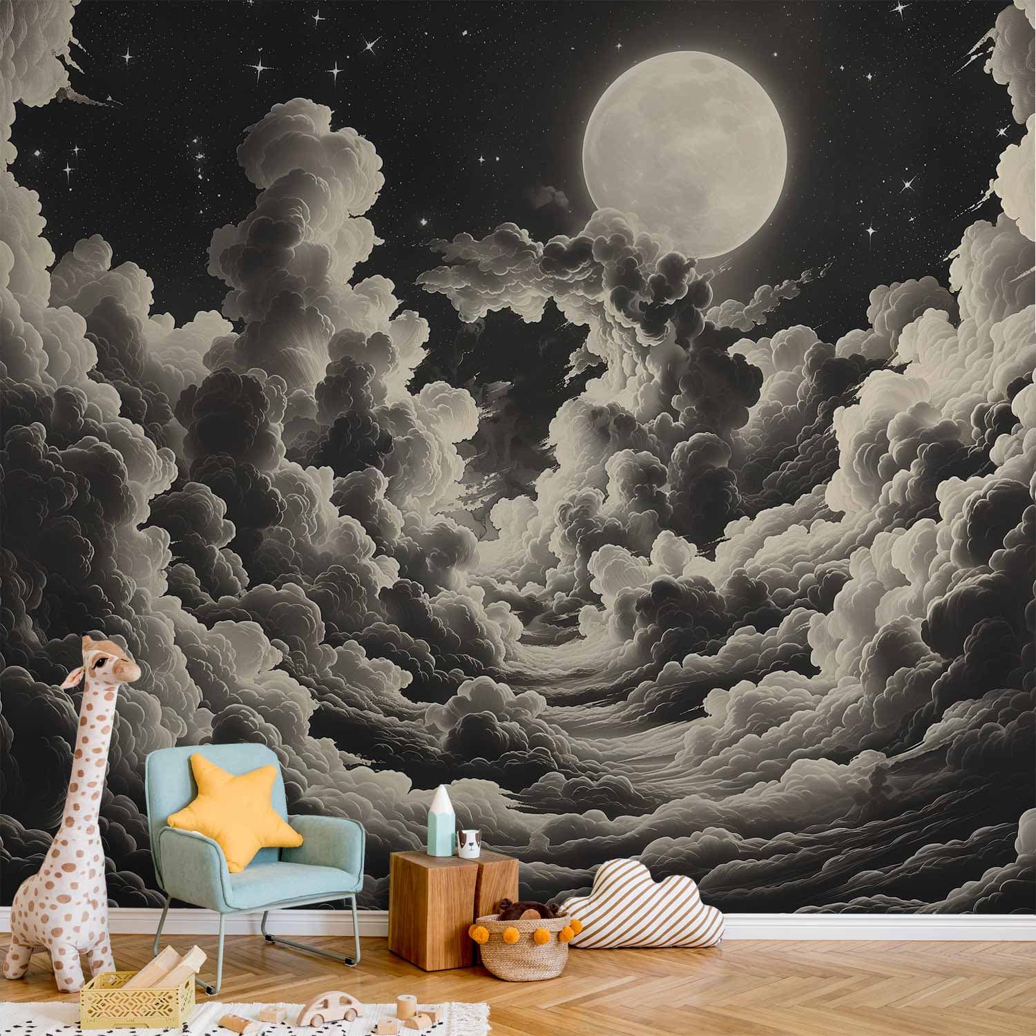 Fototapete Księżyc i gwiazdy śpiewające wśród wielkich chmur 450×315 cm, Vlies Premium