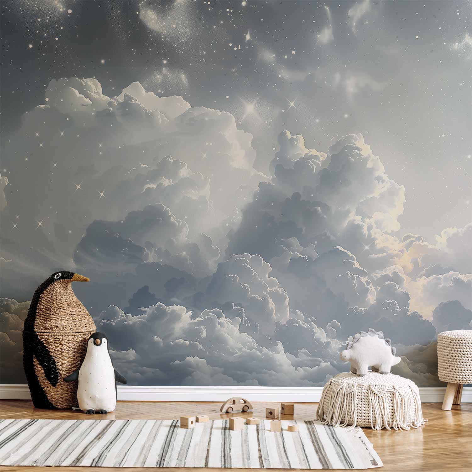 Wall mural Astralny spokój: Gwiazdy rozsypane nad delikatnymi chmurami 200×140 cm, standard non-woven
