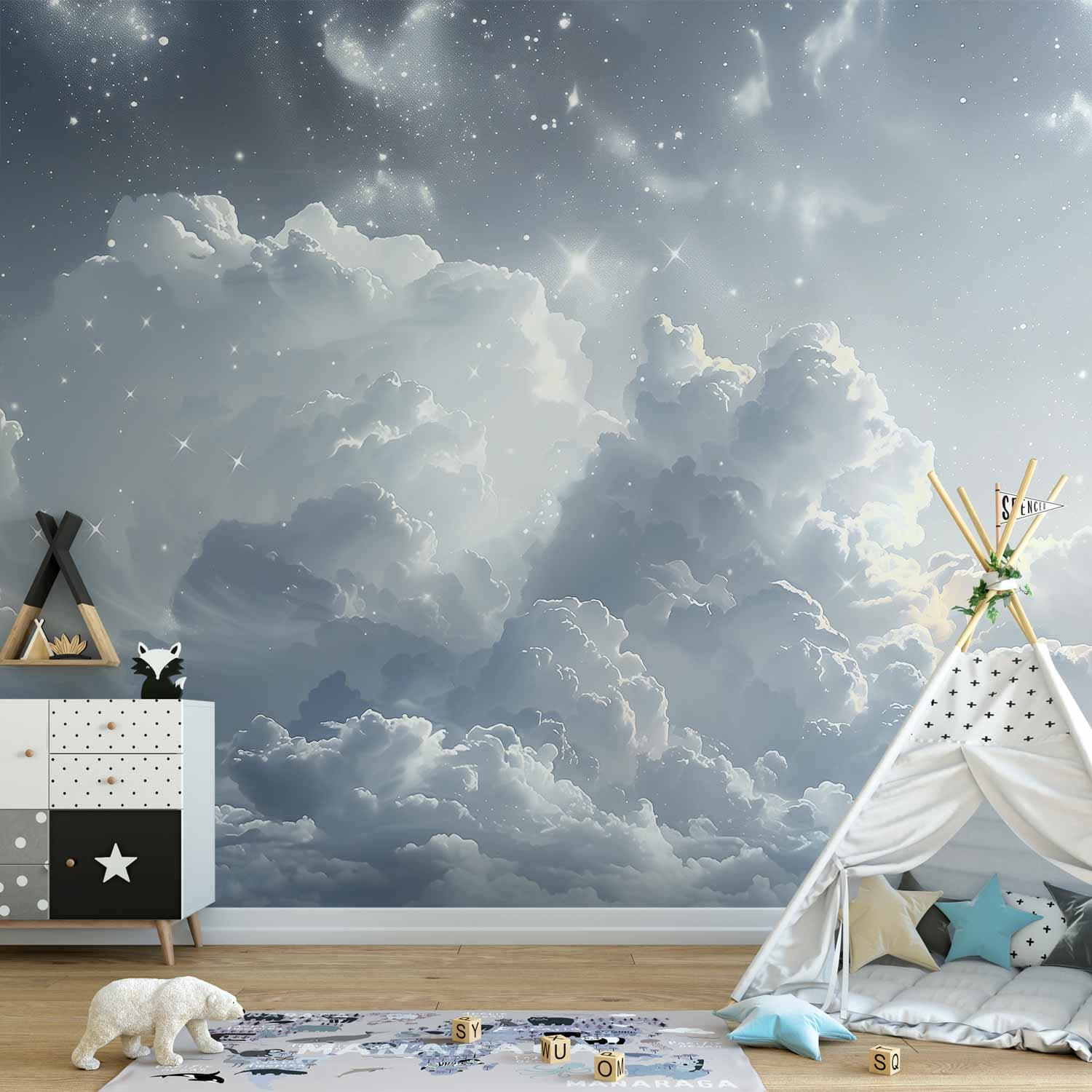 Fototapeta Astralny spokój: Gwiazdy rozsypane nad delikatnymi chmurami 150×105 cm, materiał wodoodporny