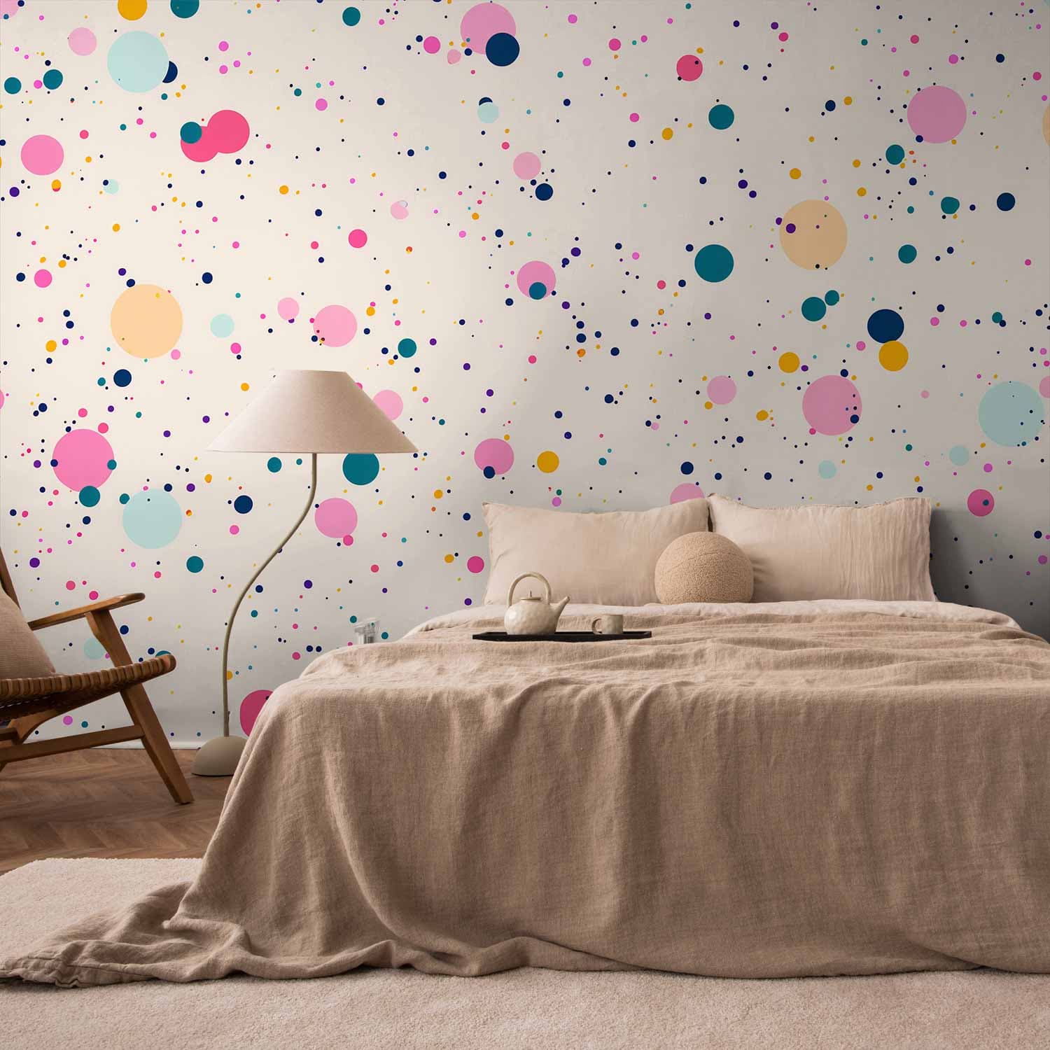 Wall mural Kropki plamki i kleksy wielokolorowe wesoły wzór na jasnoróżowym tle 100×70 cm, premium non-woven
