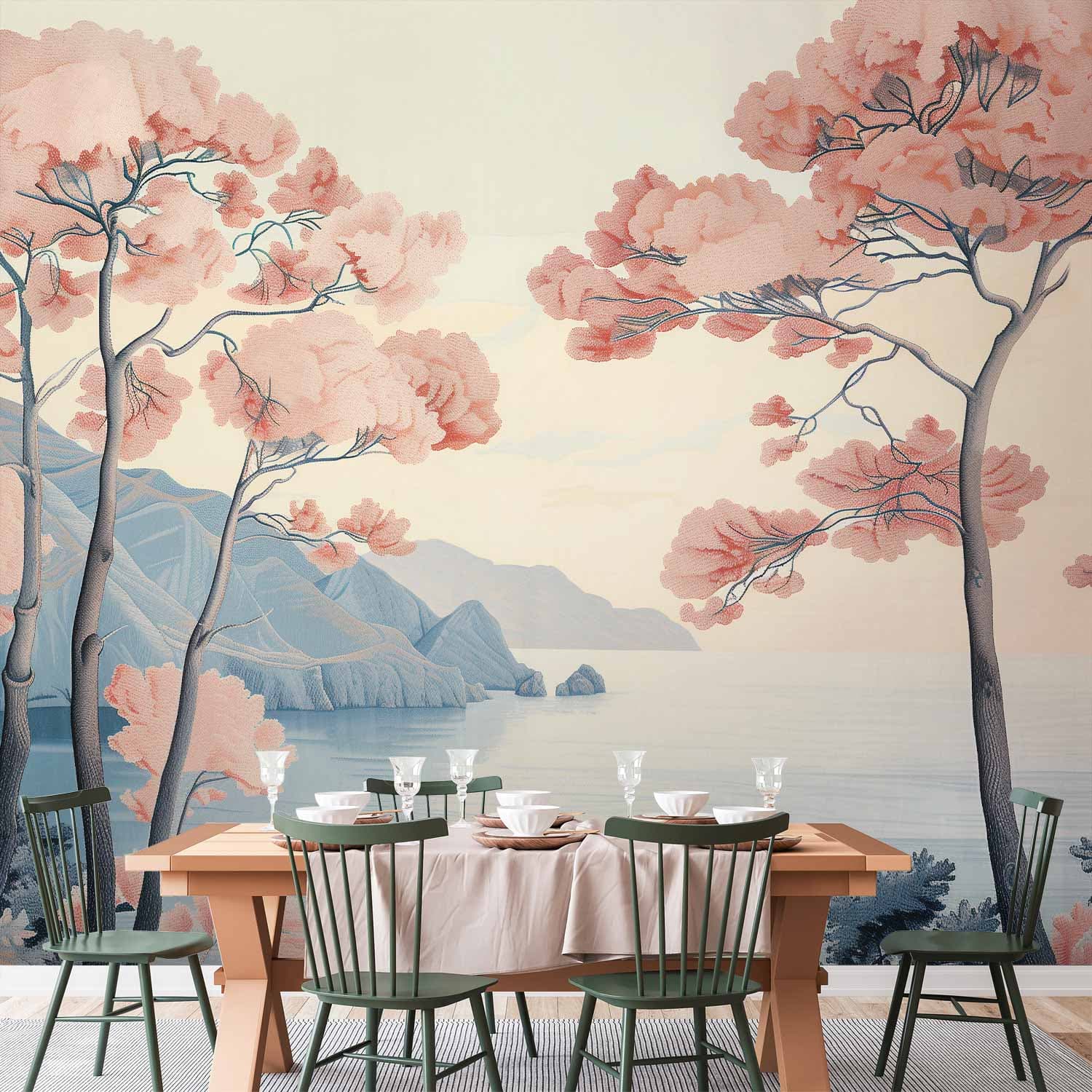 Wall mural Pejzaż z oceanem klifami i drzewami w delikatnych różowych barwach 300×210 cm, waterproof material
