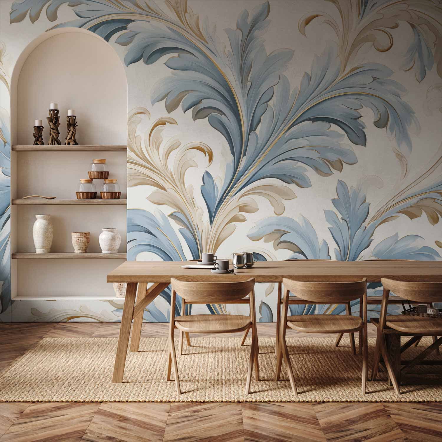 Фотошпалери Barokowe ornamenty w jasnej kremowo-niebieskiej kolorystyce 250×175 см, вологостійкий матеріал