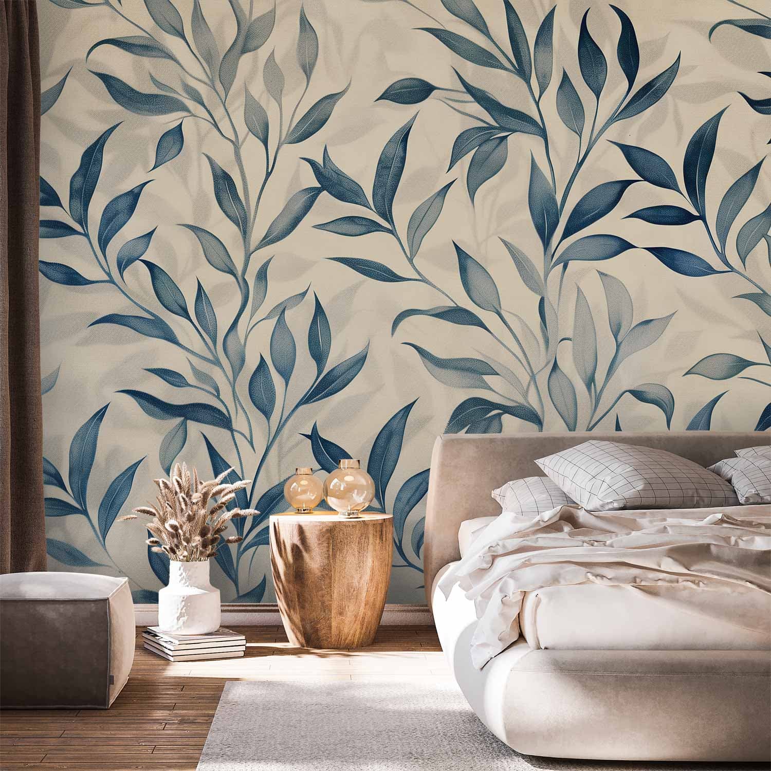 Wall mural Liście w niebieskich kolorach delikatny motyw botaniczny 245×175 cm, self-adhesive material