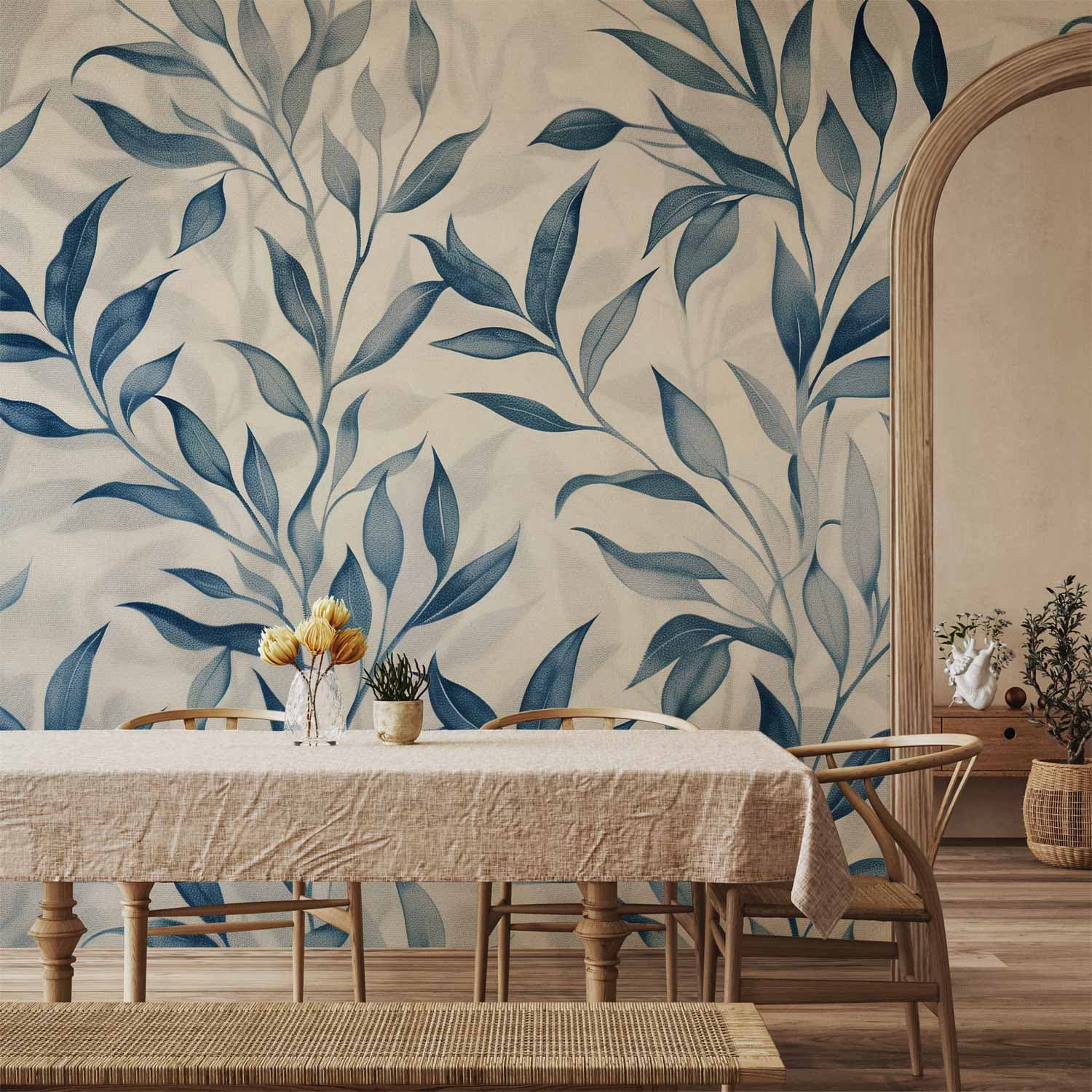 Fototapeta Liście w niebieskich kolorach delikatny motyw botaniczny 100×70 cm, materiał wodoodporny