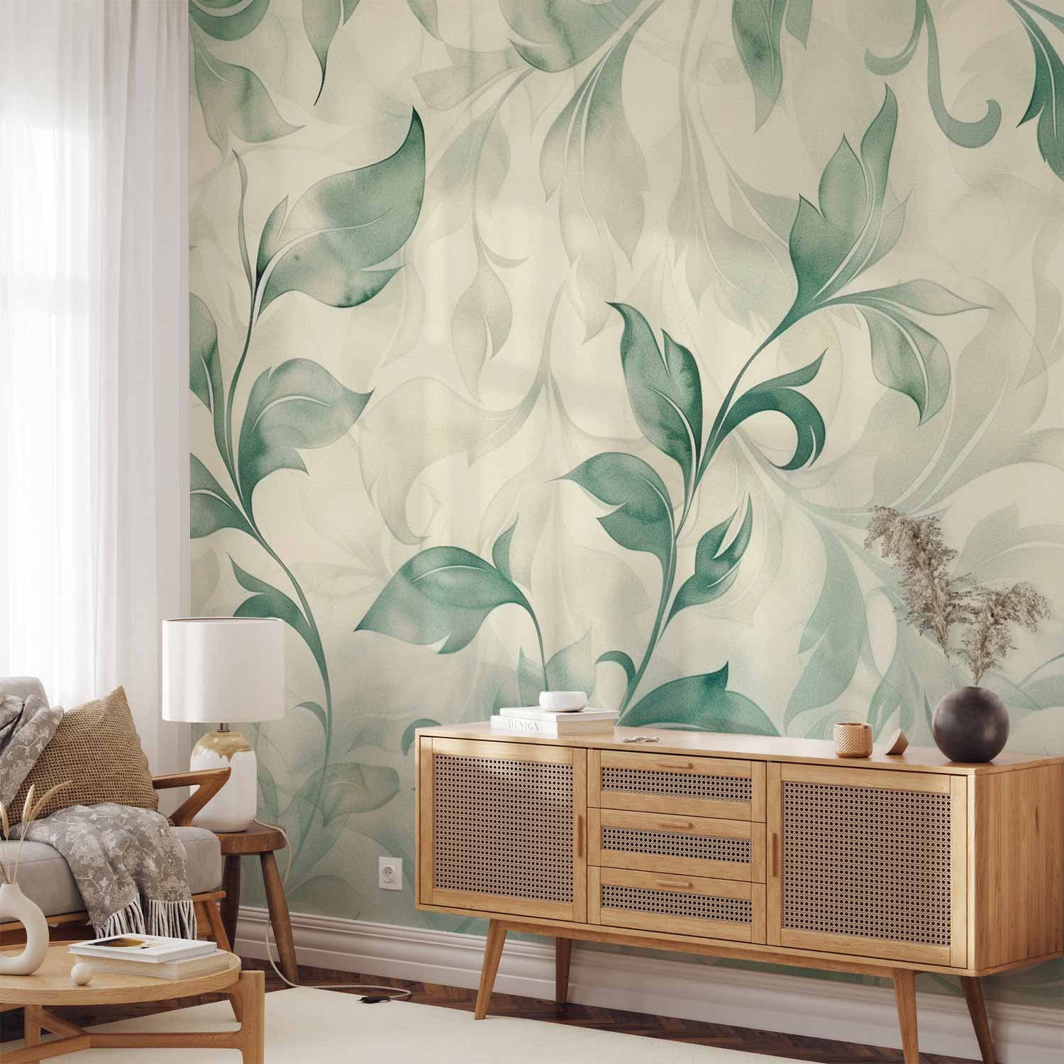 Wall mural Akwarelowy motyw botaniczny delikatne zielono-beżowe listki 245×175 cm, self-adhesive material