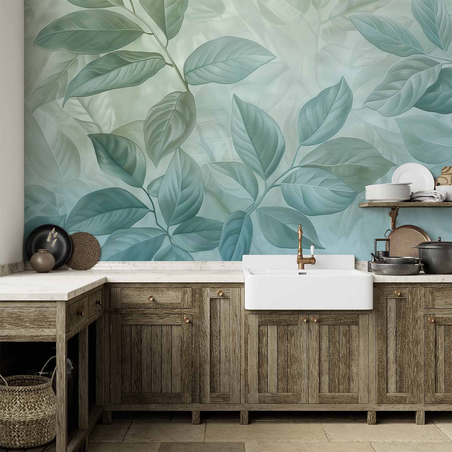 Fototapeta Duże liście w odcieniach zielono-miętowych: motyw botaniczny 350×256 cm, materiał wodoodporny