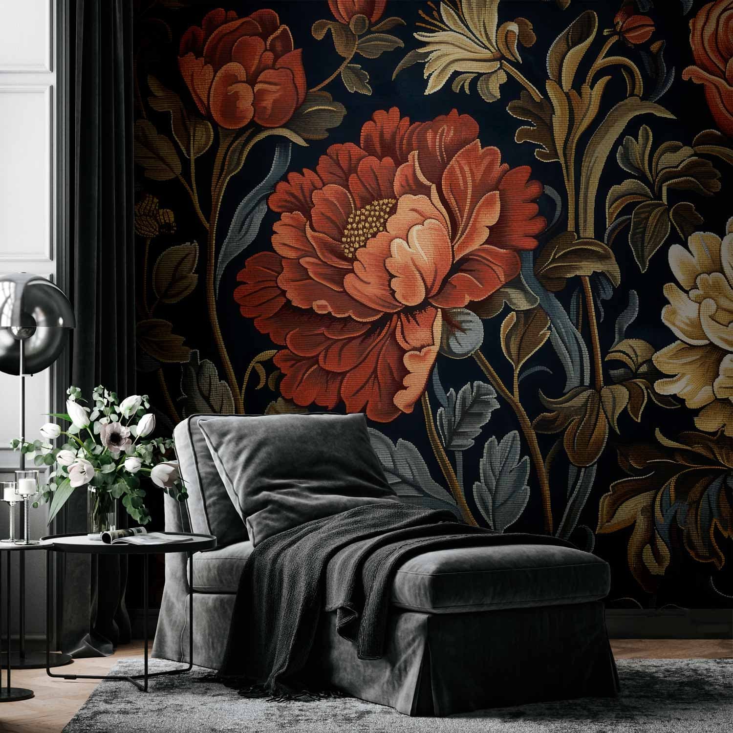 Фотошпалери Gobelinowe wielkie kwiaty retro motyw florystyczny w stylu kilimu 196×140 см, самоклейний матеріал