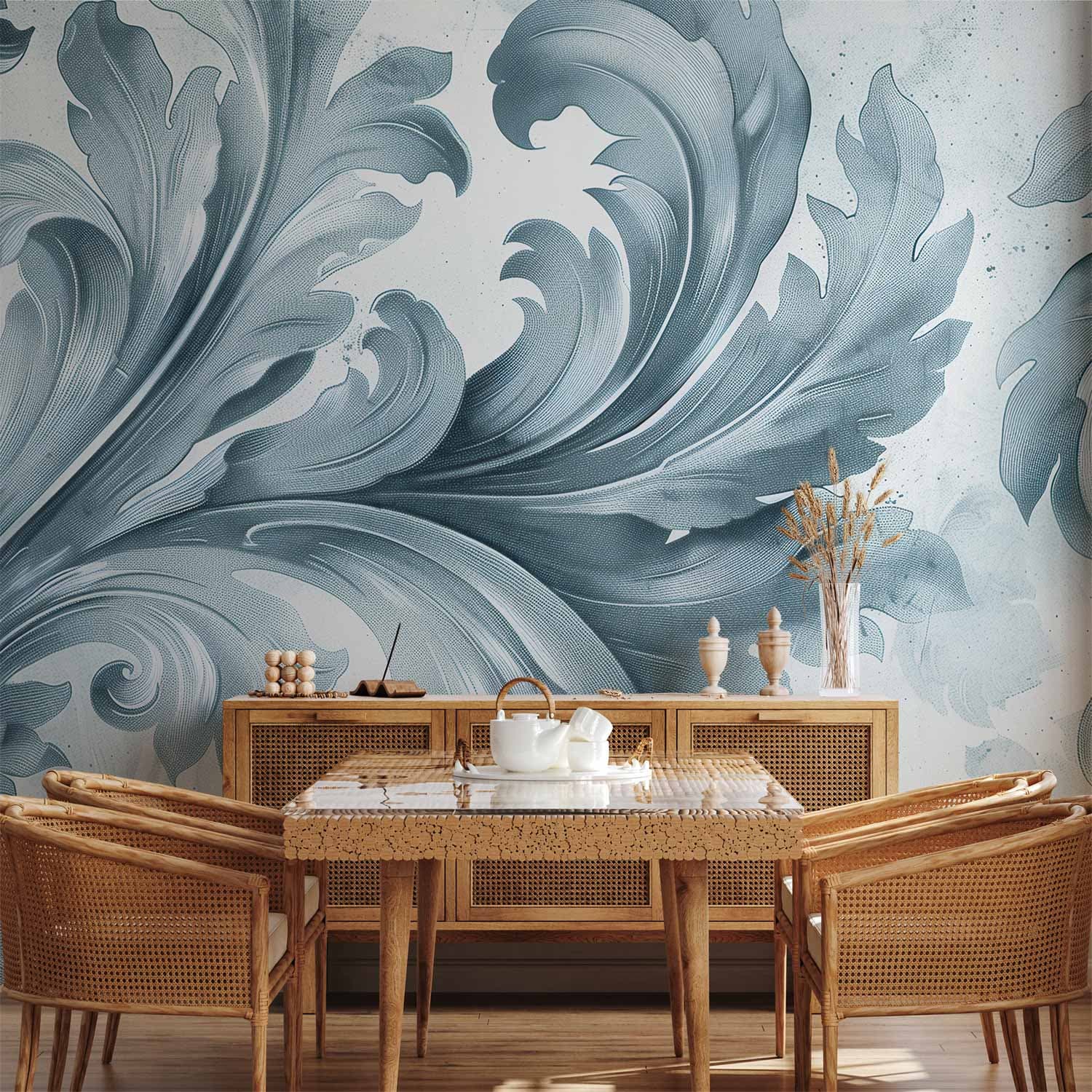 Wall mural Kamienne barokowe ornamenty w jasnych odcieniach szaro-niebieskich 100×70 cm, waterproof material