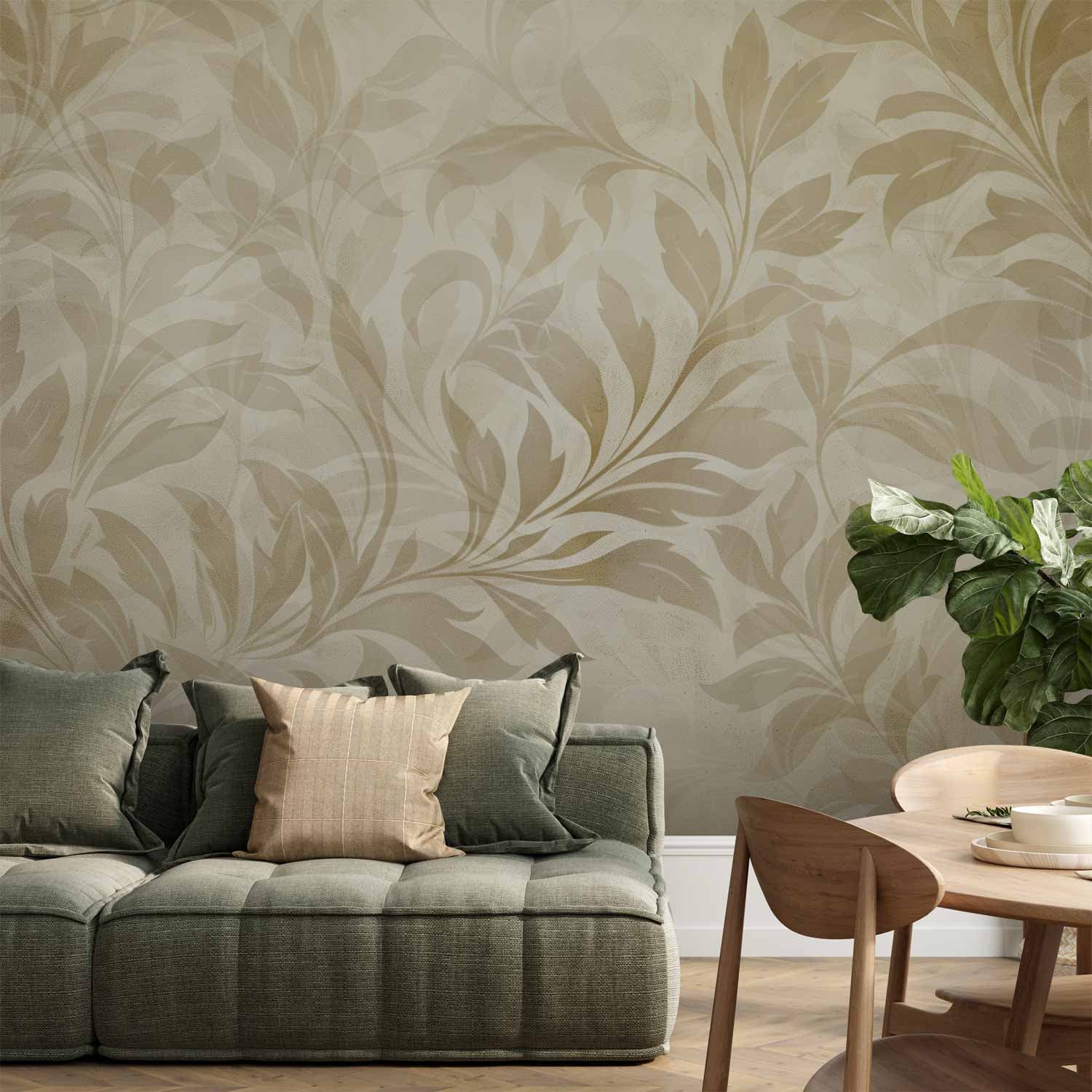 Фотошпалери Botaniczny motyw z listkami i pnączami w kolorach piaskowych 300×210 см, флізелін стандарт