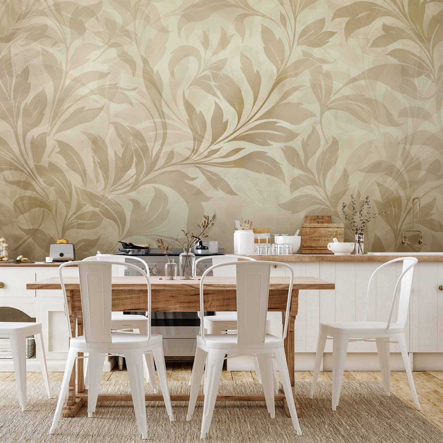 Fototapeta Botaniczny motyw z listkami i pnączami w kolorach piaskowych 300×210 cm, materiał wodoodporny