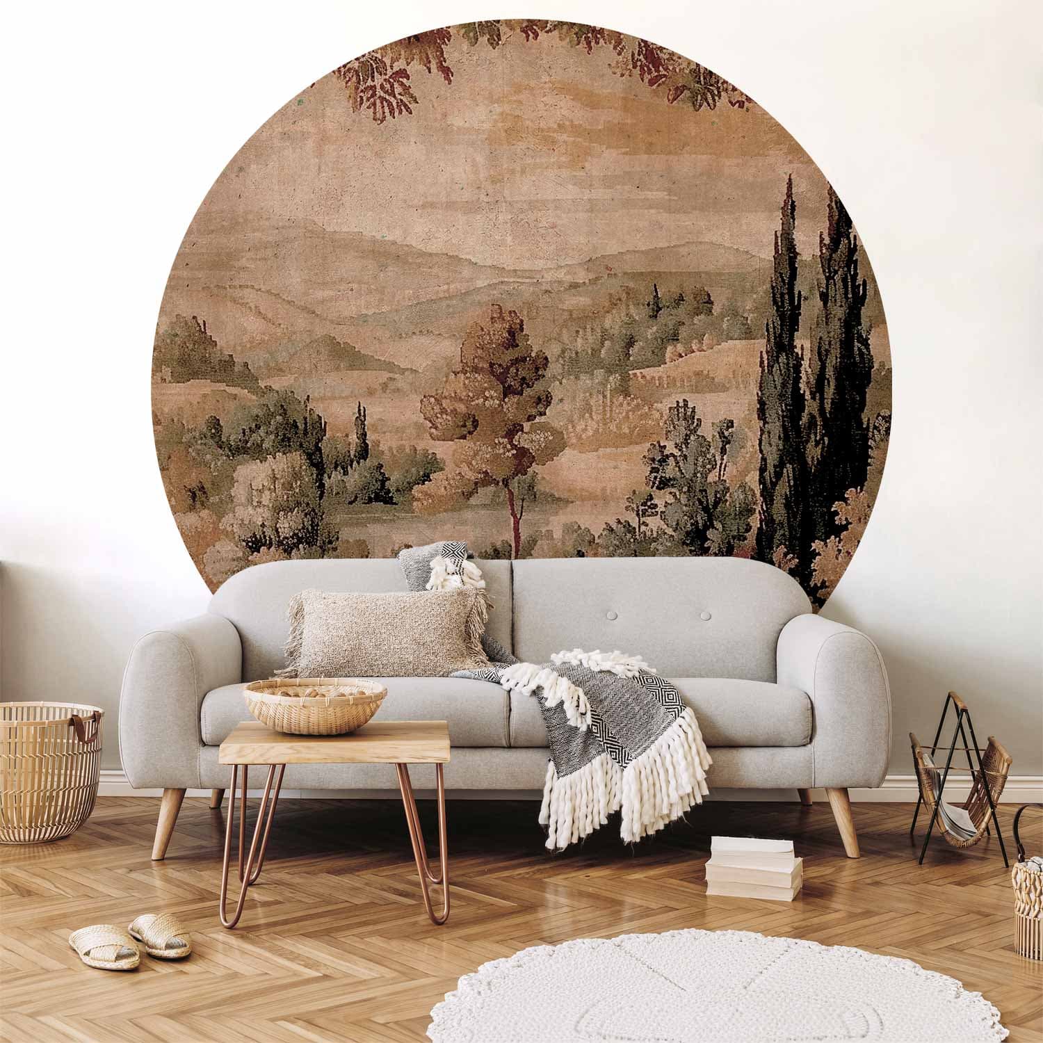 Fototapeta okrągła Śródziemnomorski krajobraz - stary gobelin ze wzgórzem i jeziorem 140×140 cm, materiał samoprzylepny