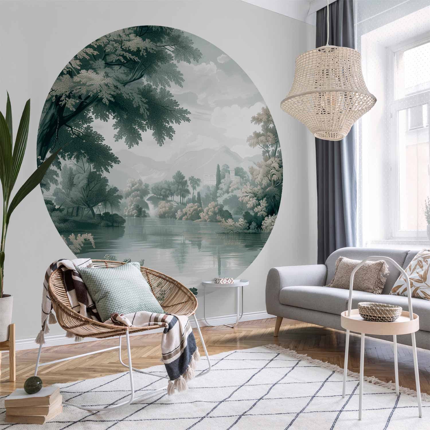 Fototapeta okrągła Pejzaż z parkiem i jeziorem w retro zieleniach 140×140 cm, materiał samoprzylepny