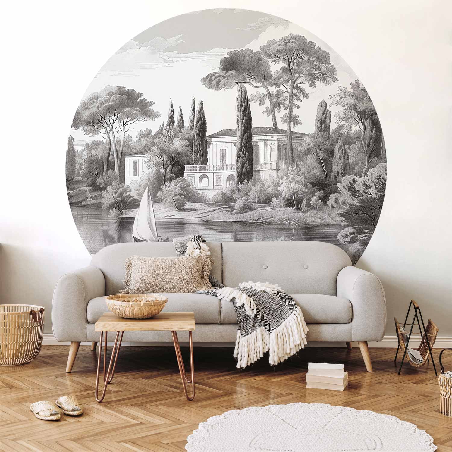 Fototapeta okrągła Czarno-biały pejzaż vintage ze stawem 140×140 cm, materiał samoprzylepny