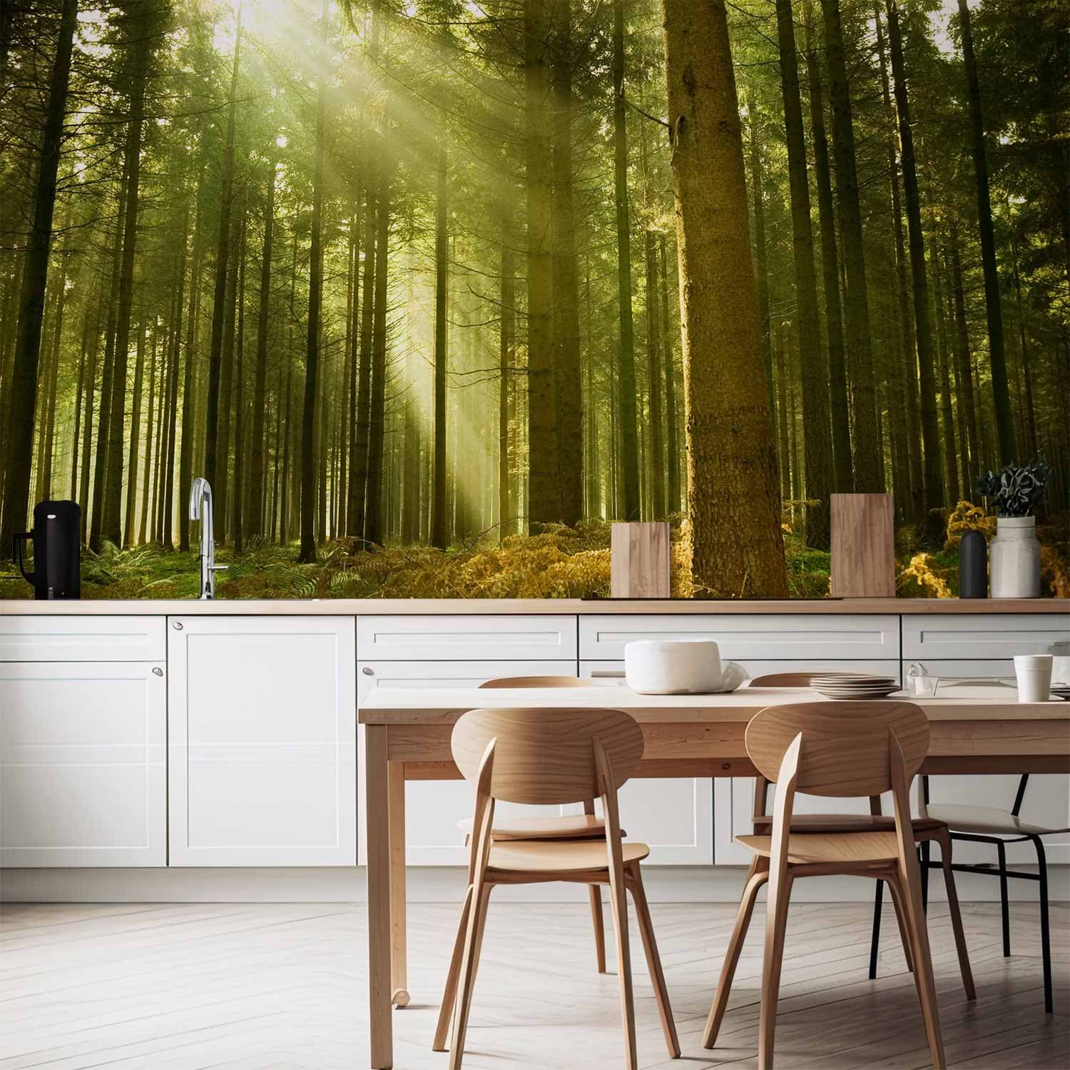 Wall mural Sosnowy las - gęste leśne poszycie w promieniach porannego słońca 250×175 cm, waterproof material