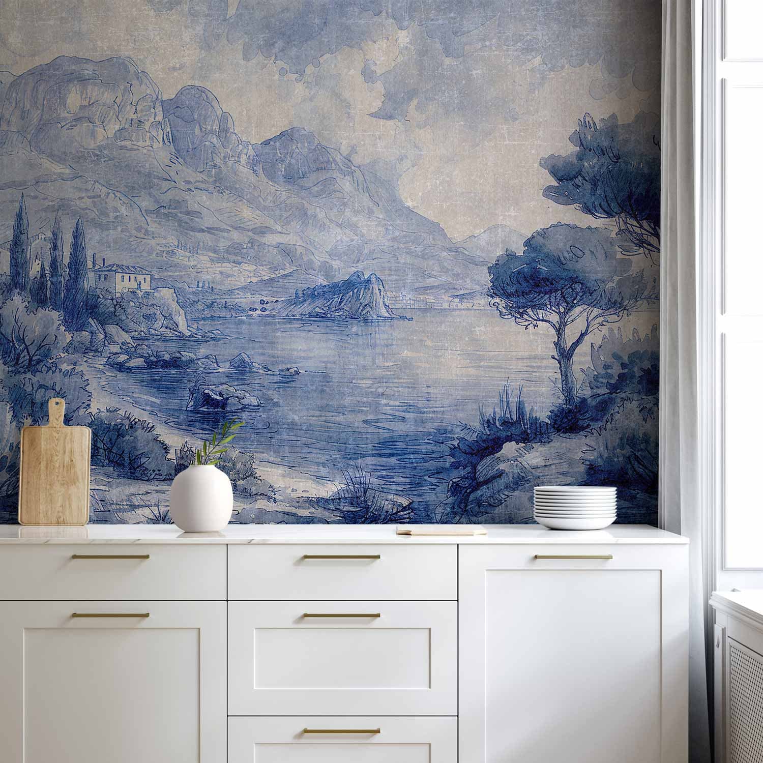 Wall mural Niebieska zatoka - włoski krajobraz jeziora Como malowany niebieskim tuszem 500×350 cm, waterproof material