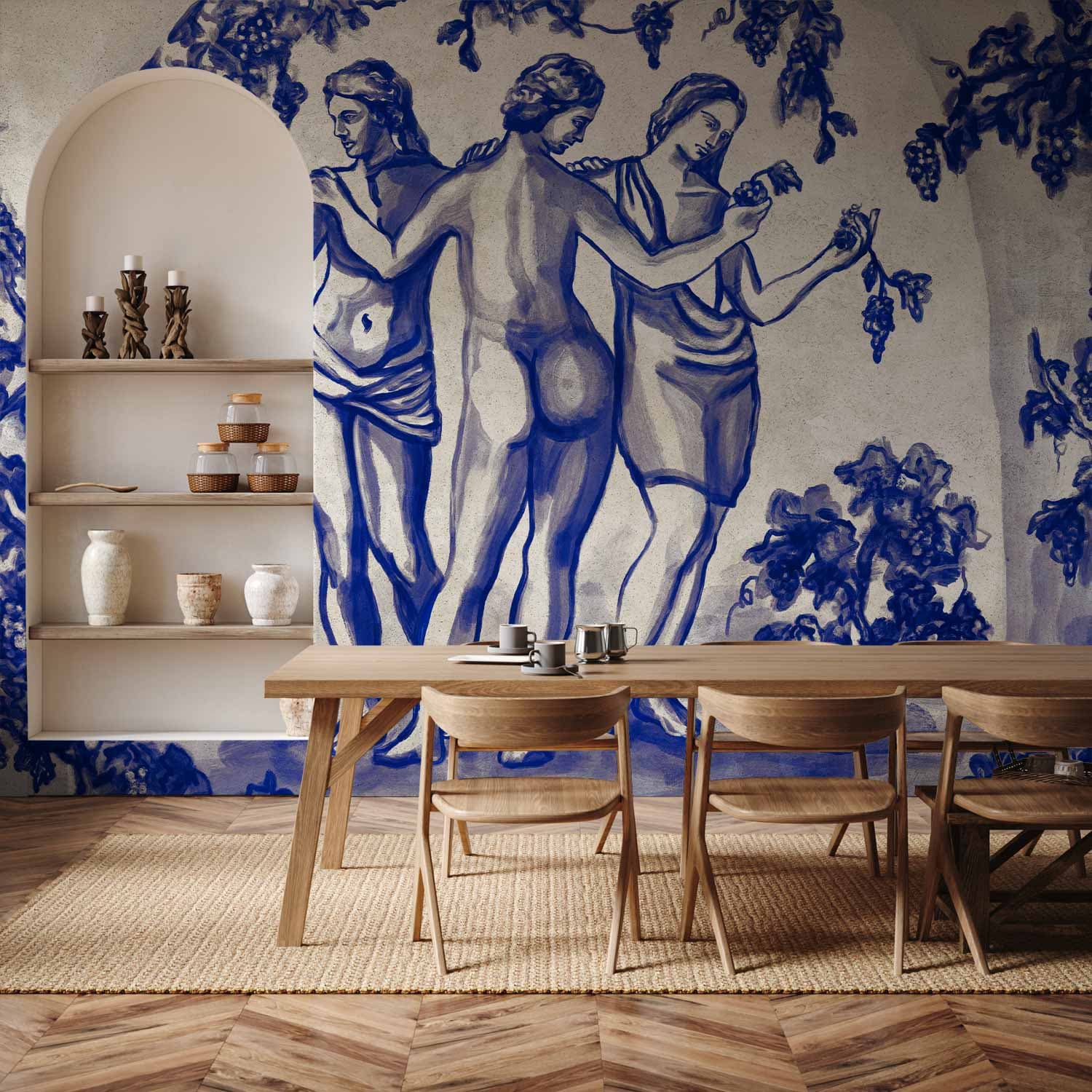 Wall mural Antyczna winnica - trzy kobiety w portalu malowane niebieskim tuszem 350×256 cm, waterproof material