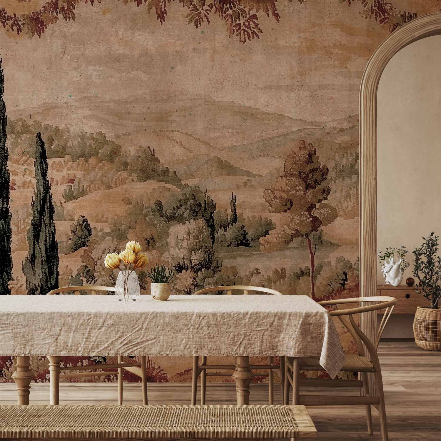 Wall mural Śródziemnomorski krajobraz - stary gobelin ze wzgórzem i jeziorem 150×105 cm, waterproof material
