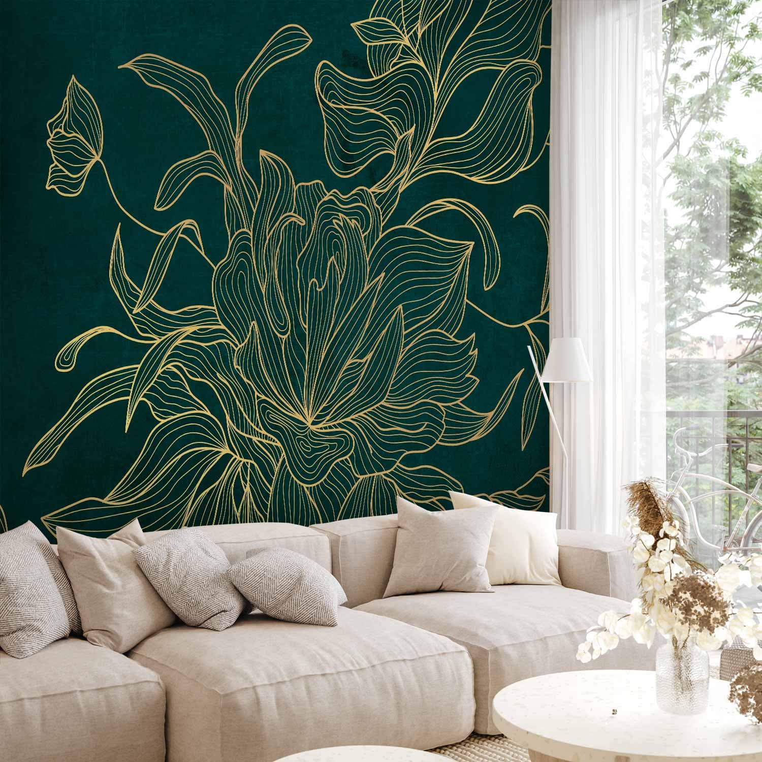 Fototapeta Zielony buduar - linearny, rysunek kwiatu w złotawej kolorystyce na ciemnym tle 100×70 cm, flizelina premium