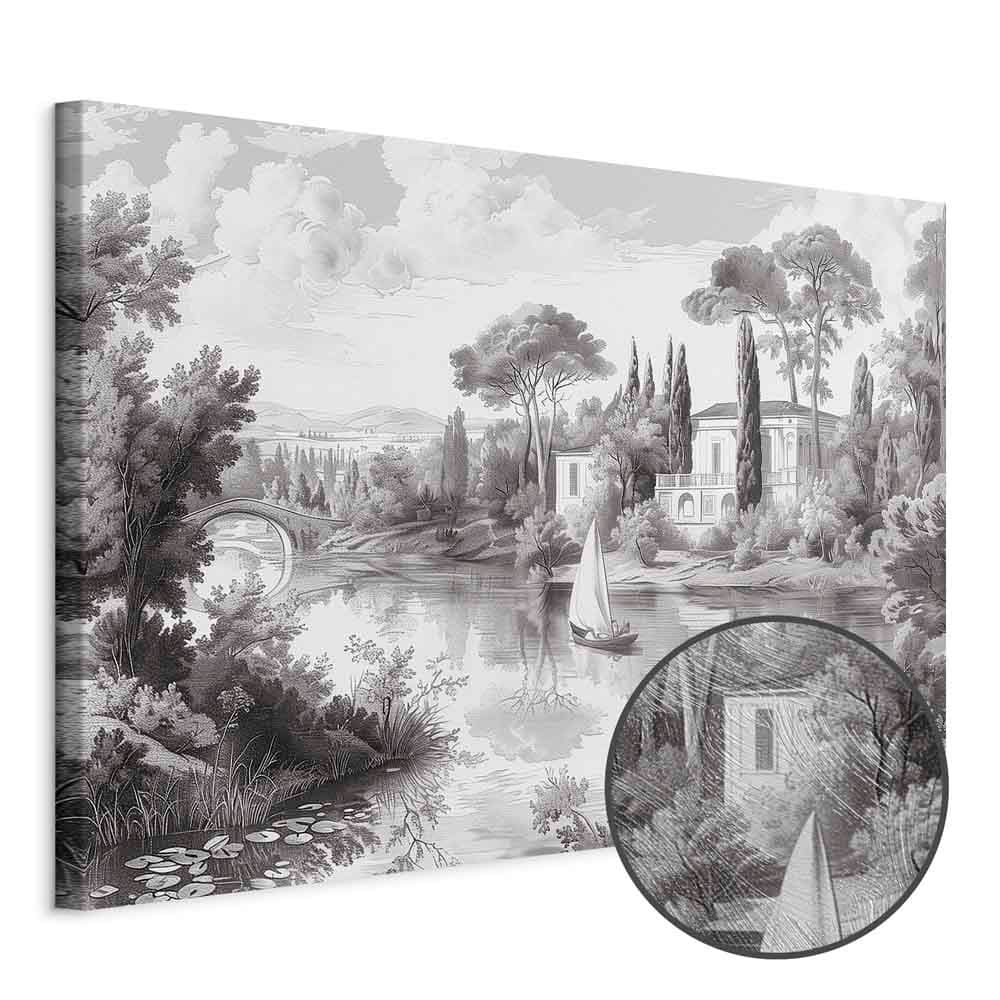 Obraz na płótnie Czarno-biały pejzaż vintage retro widok na staw z łódką 90×60 cm, płótno standard